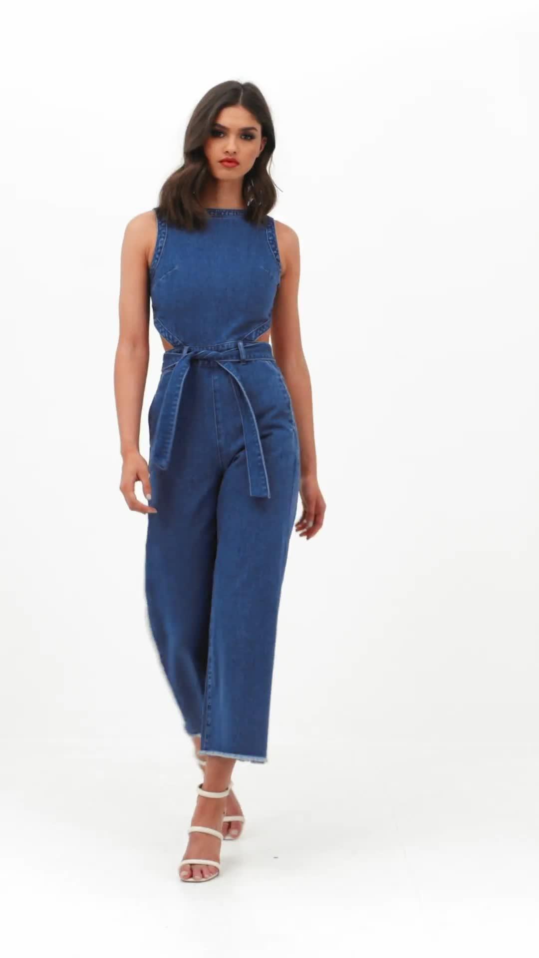 missguided cut out denim jumpsuit in blue