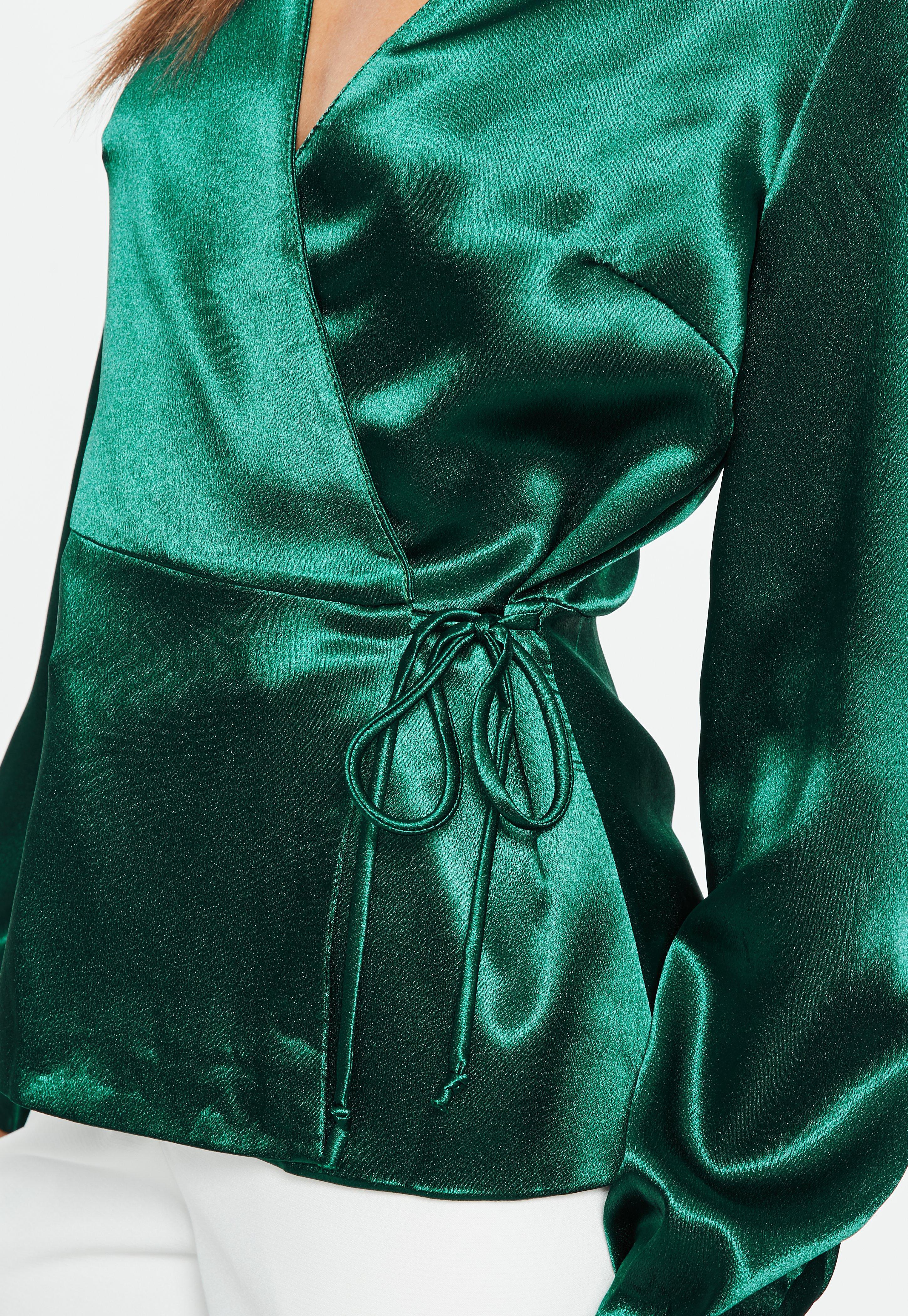 Missguided Green Satin Wrap Front Blouse - Lyst