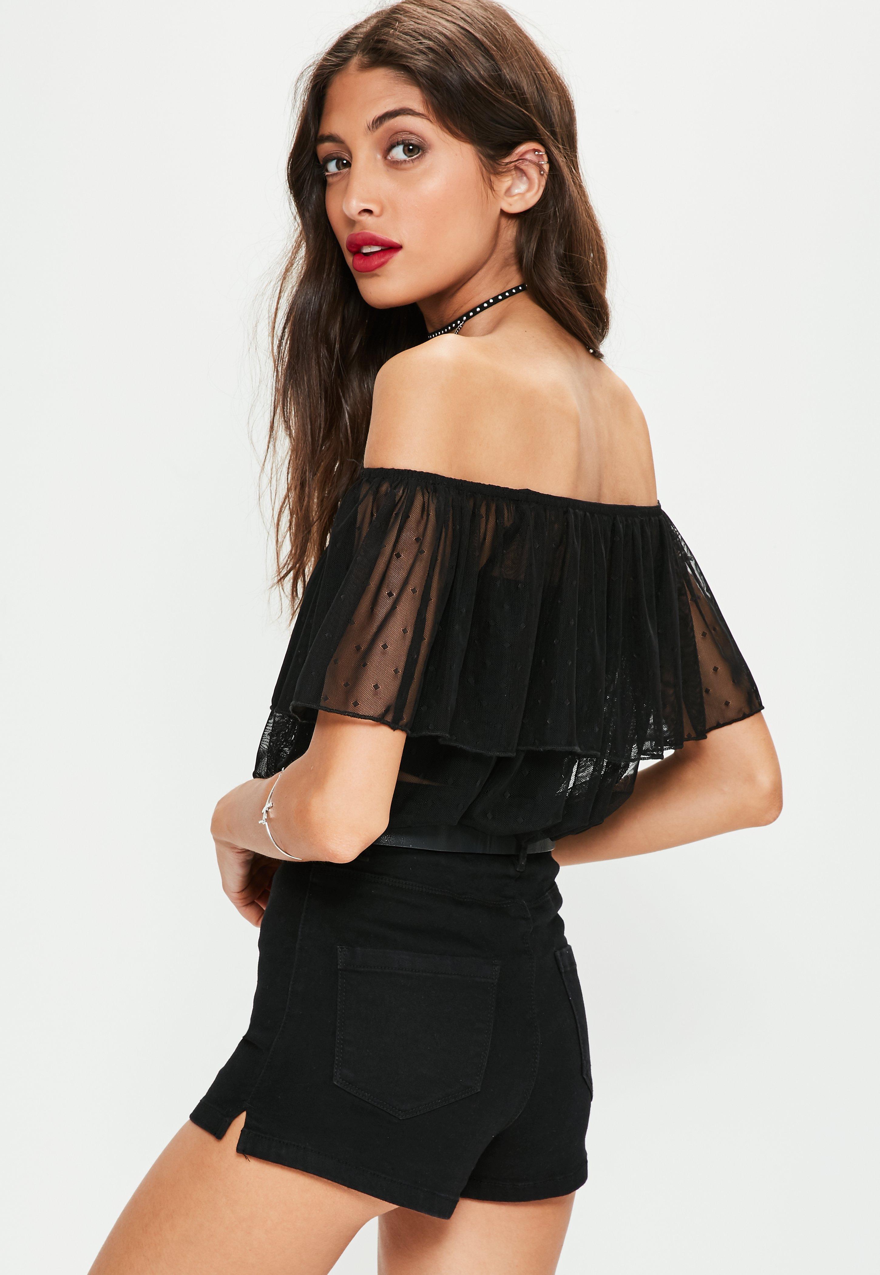 black frill bardot top