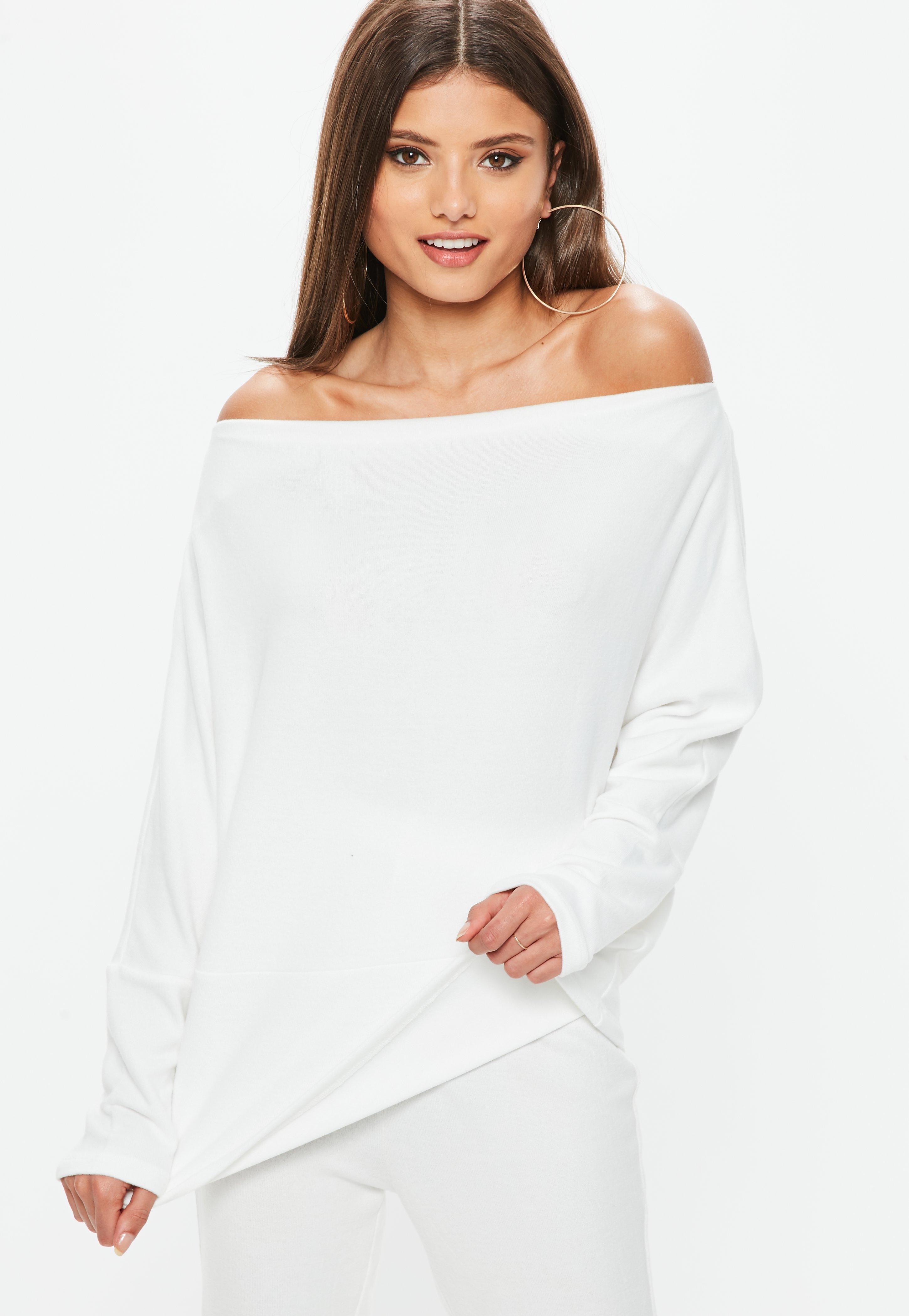 Missguided Synthetic White Brushed Off Shoulder Long Sleeve Top - Lyst