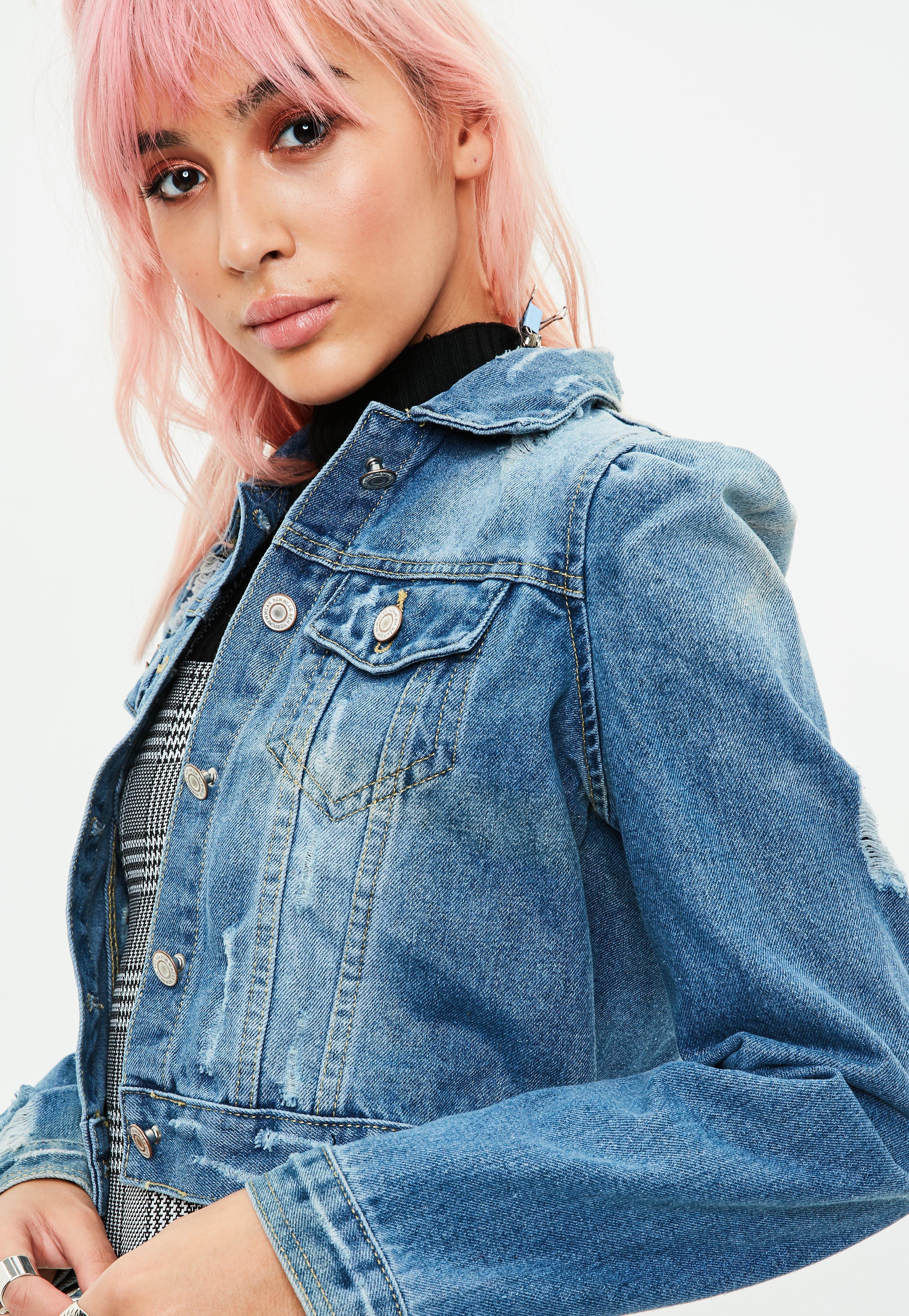 Lyst Missguided Blue Puff Shoulder Detail Cropped Denim Jacket in Blue