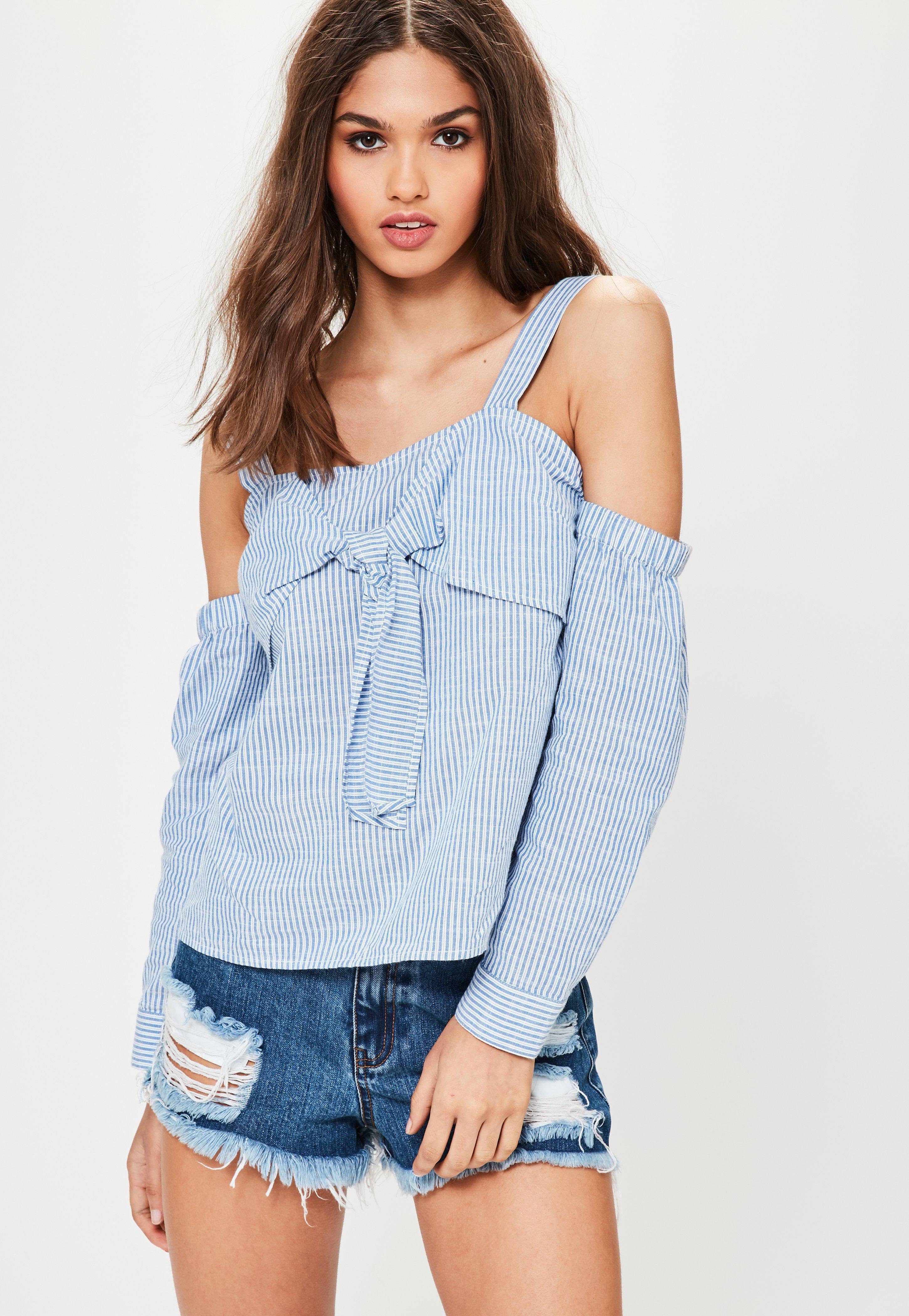 Lyst - Missguided Blue Striped Cold Shoulder Tie Front Blouse in Blue ...