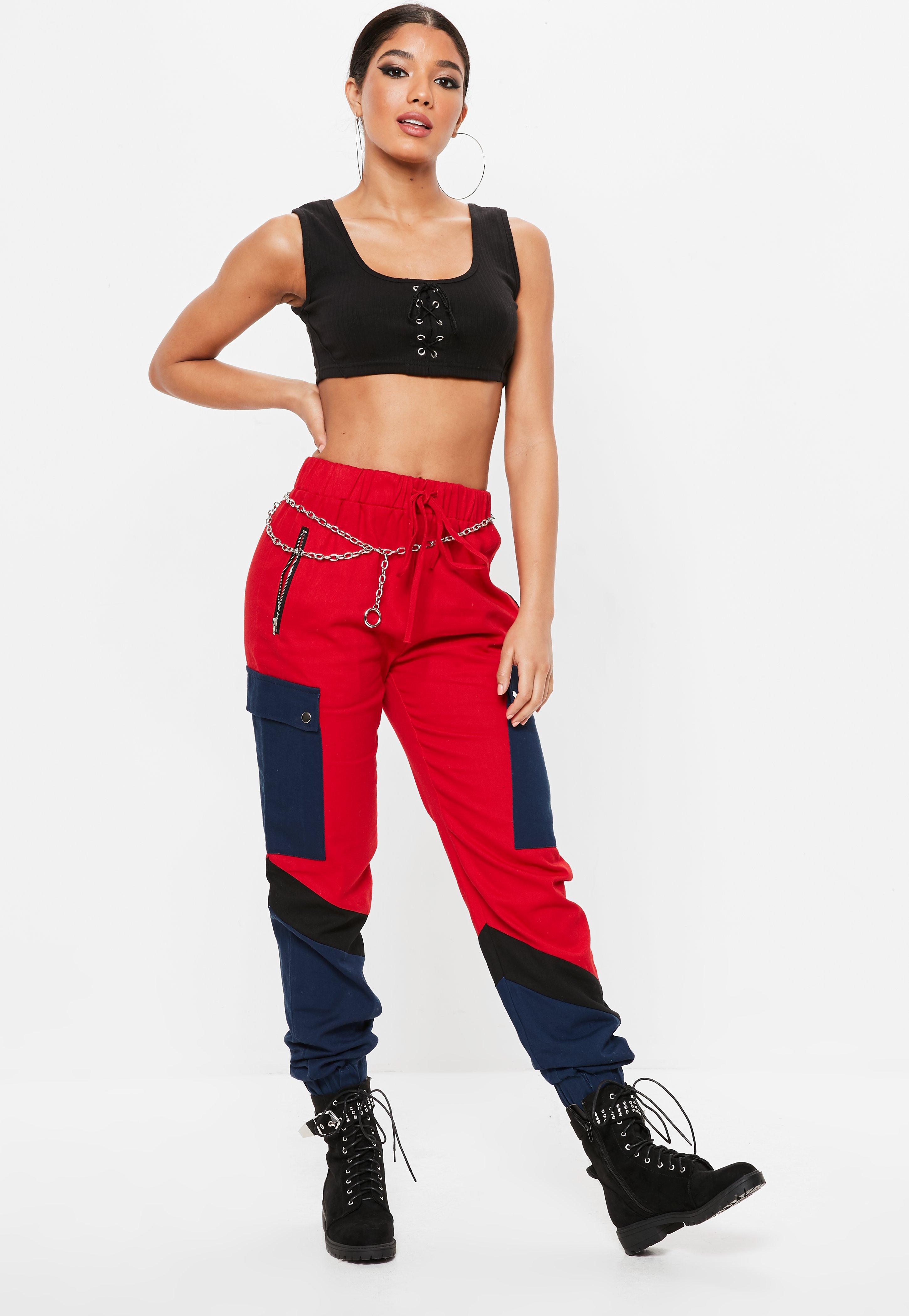 red utility trousers