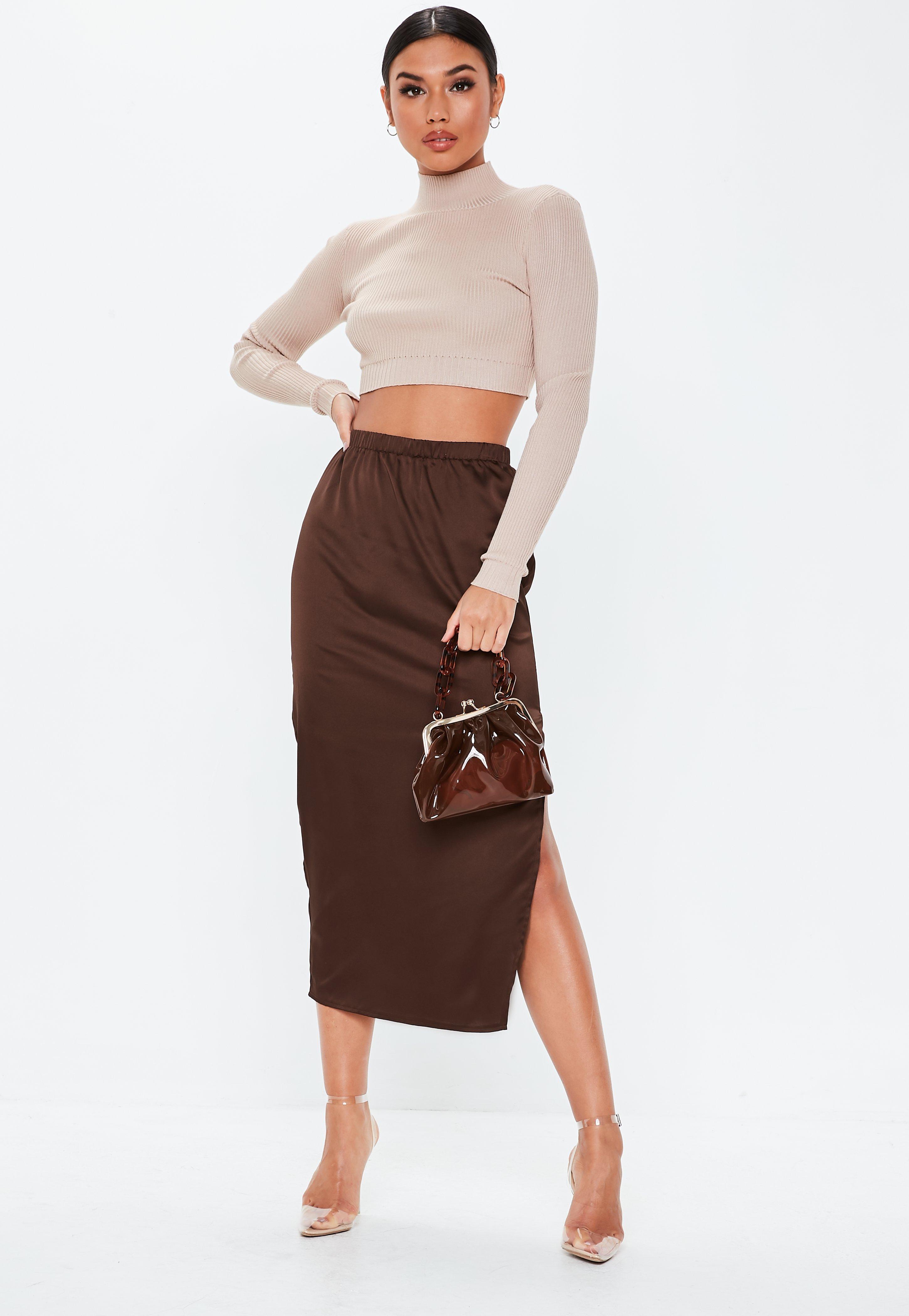 Lyst - Missguided Chocolate Satin Slip Midi Skirt in Brown