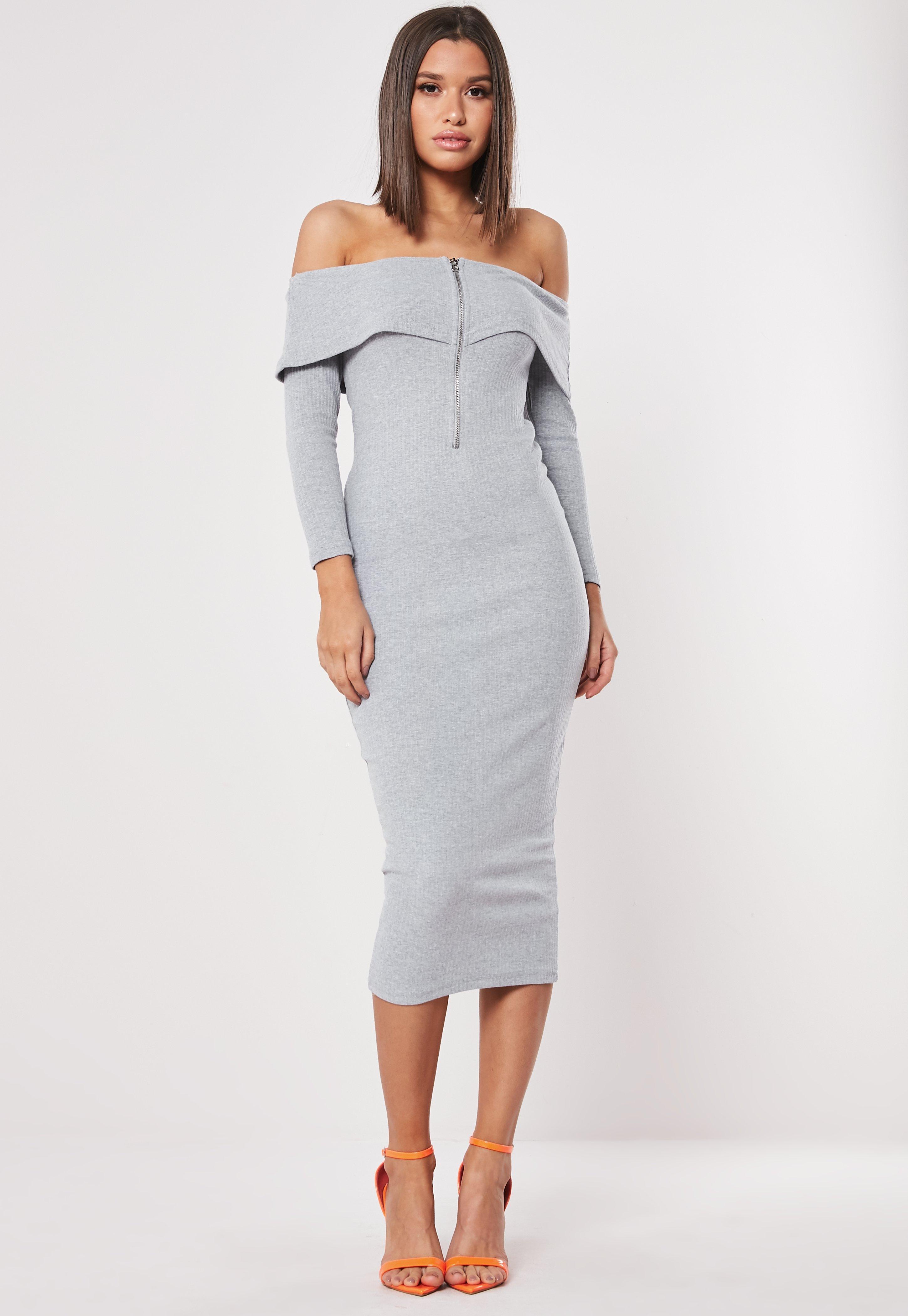 long sleeve bardot midi dress