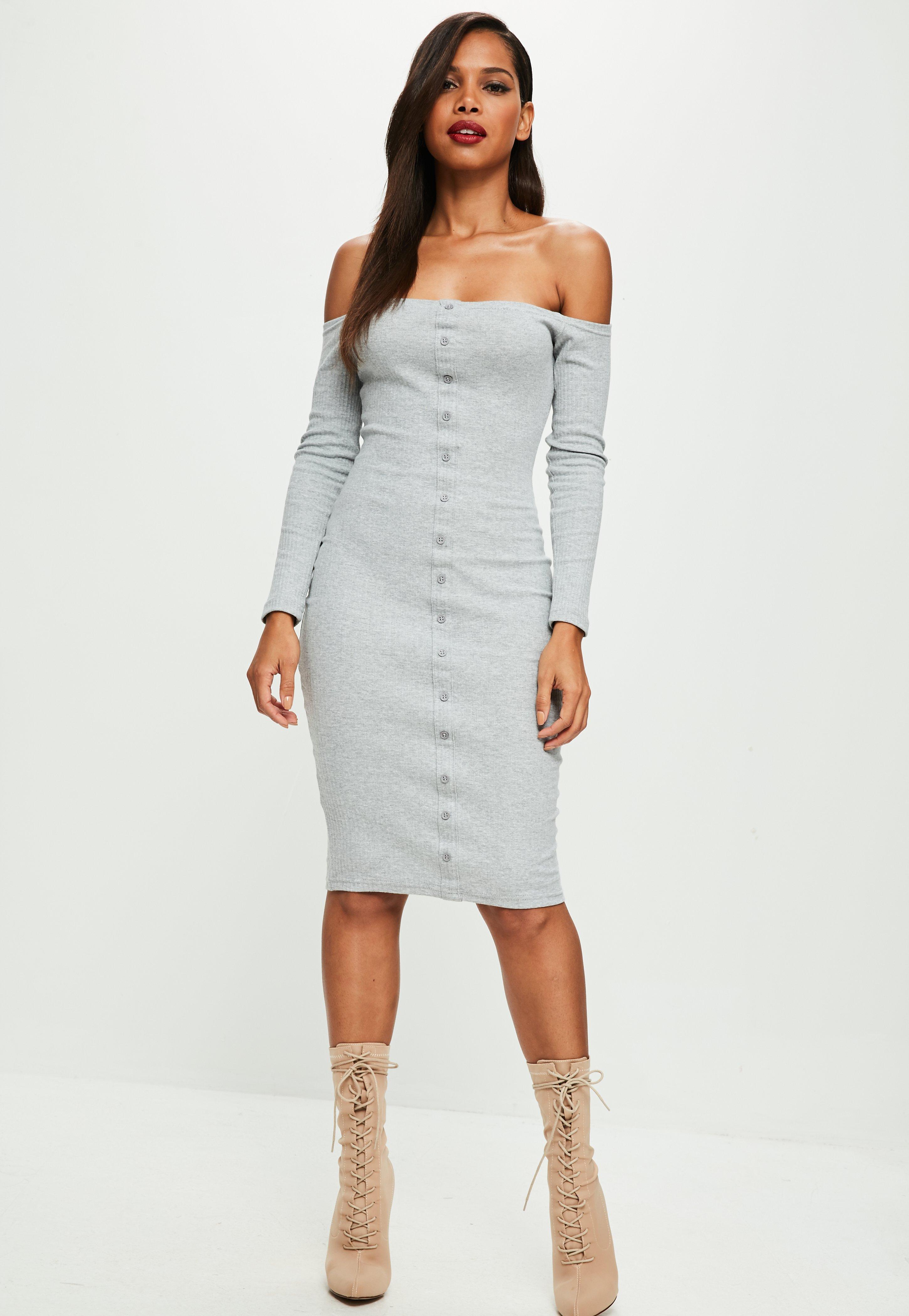 ribbed bardot midi dress