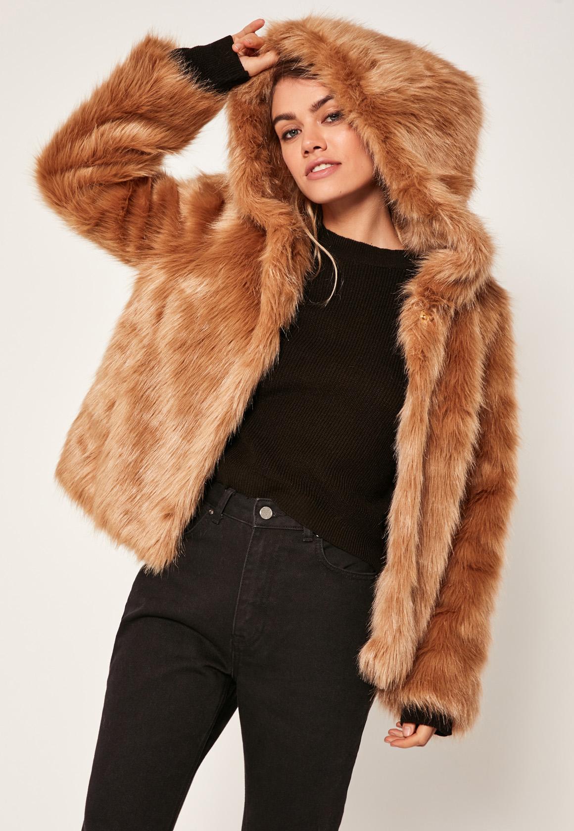 missguided camel hooded faux fur coat in brown lyst missguided camel hooded faux fur coat in brown lyst