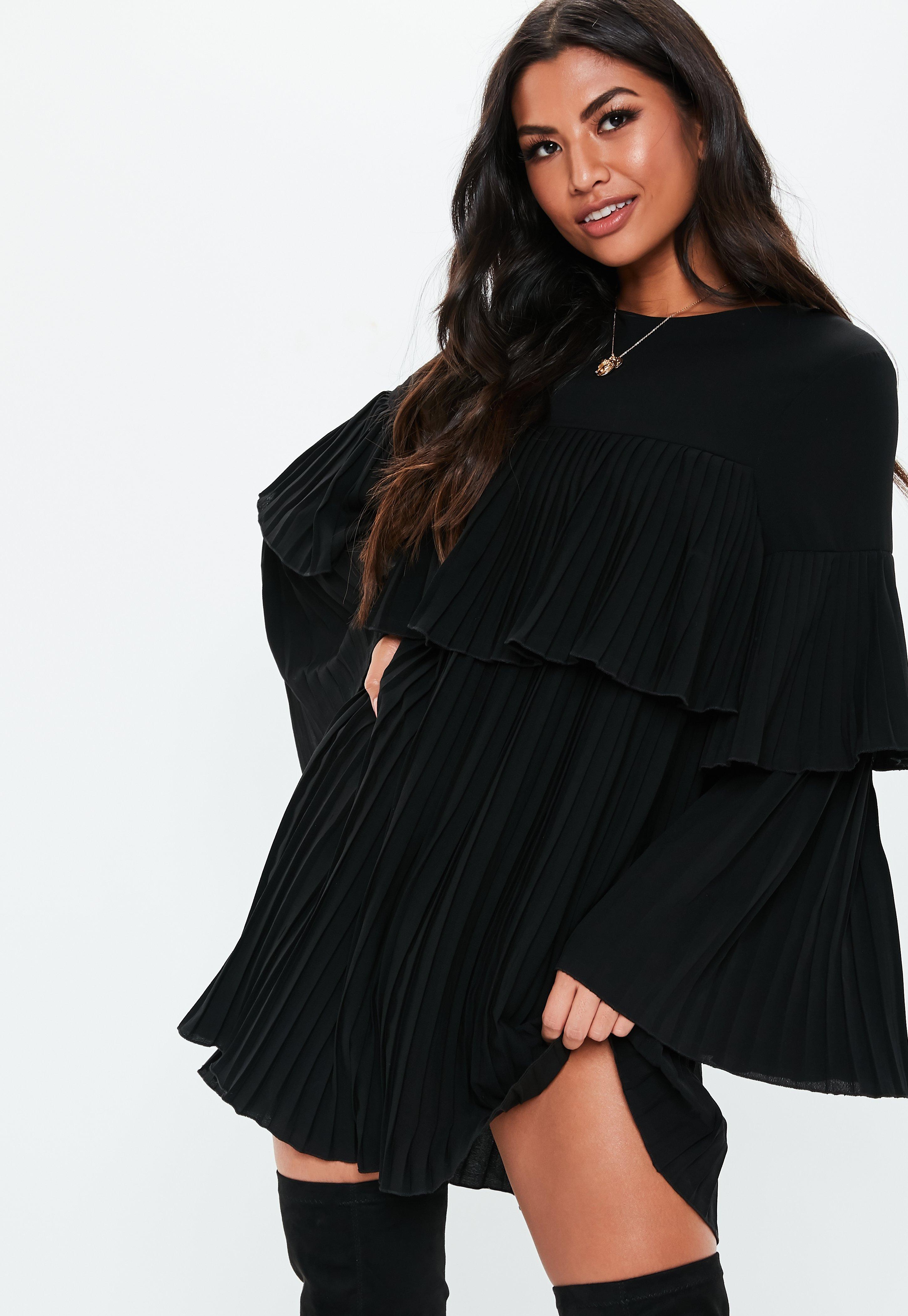 black pleated layered smock dress