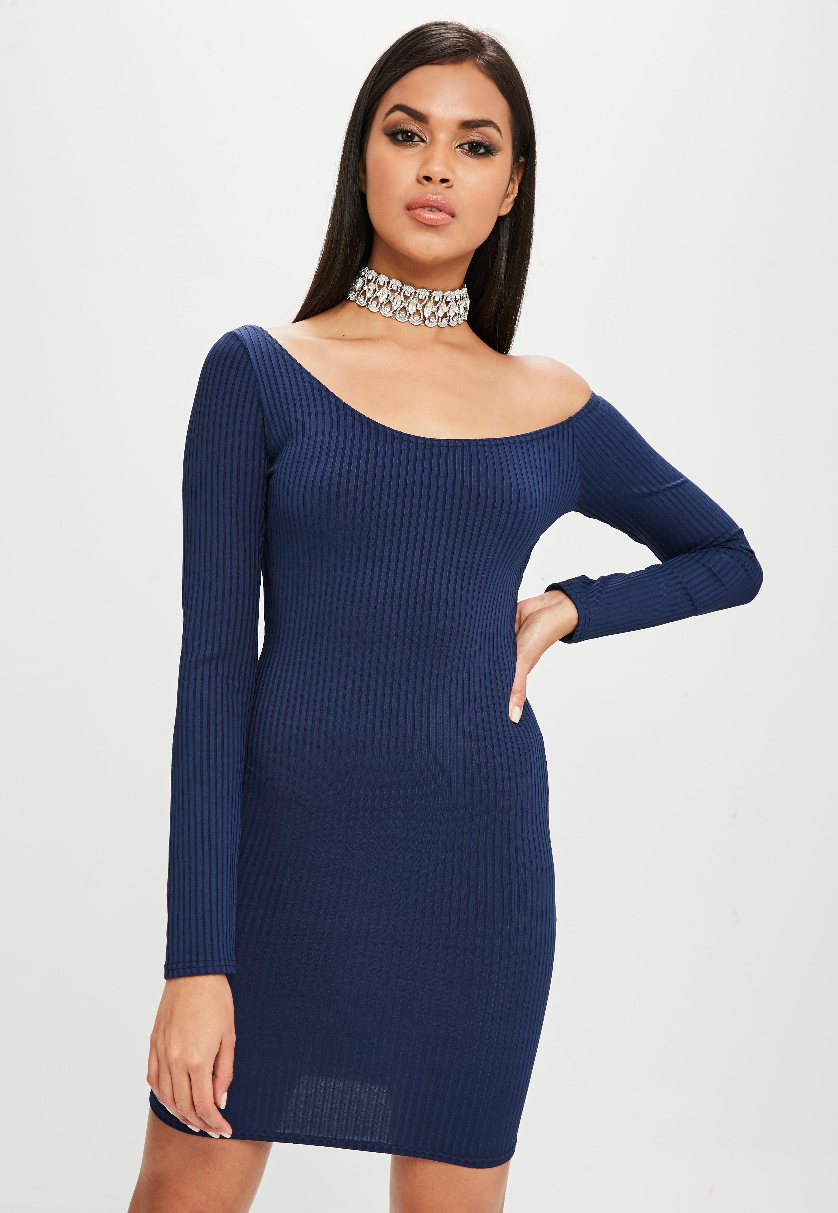 Missguided Synthetic Carli Bybel X Navy Long Sleeve Ribbed Dress In