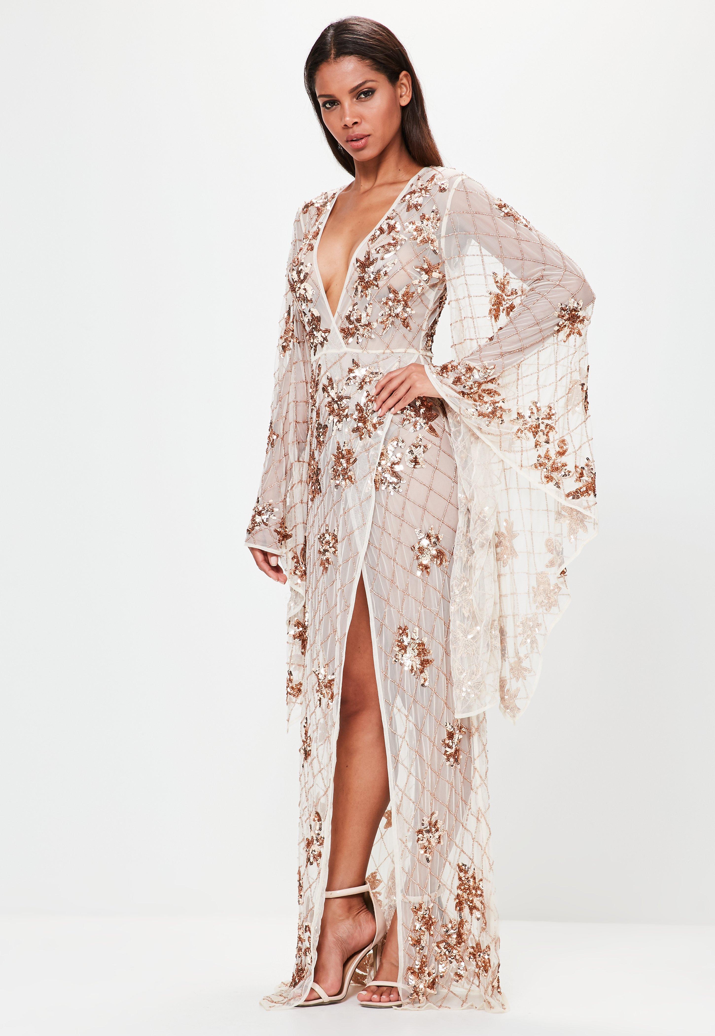 Missguided Peace + Love Bronze Kimono Sleeve Embellished Maxi Dress - Lyst