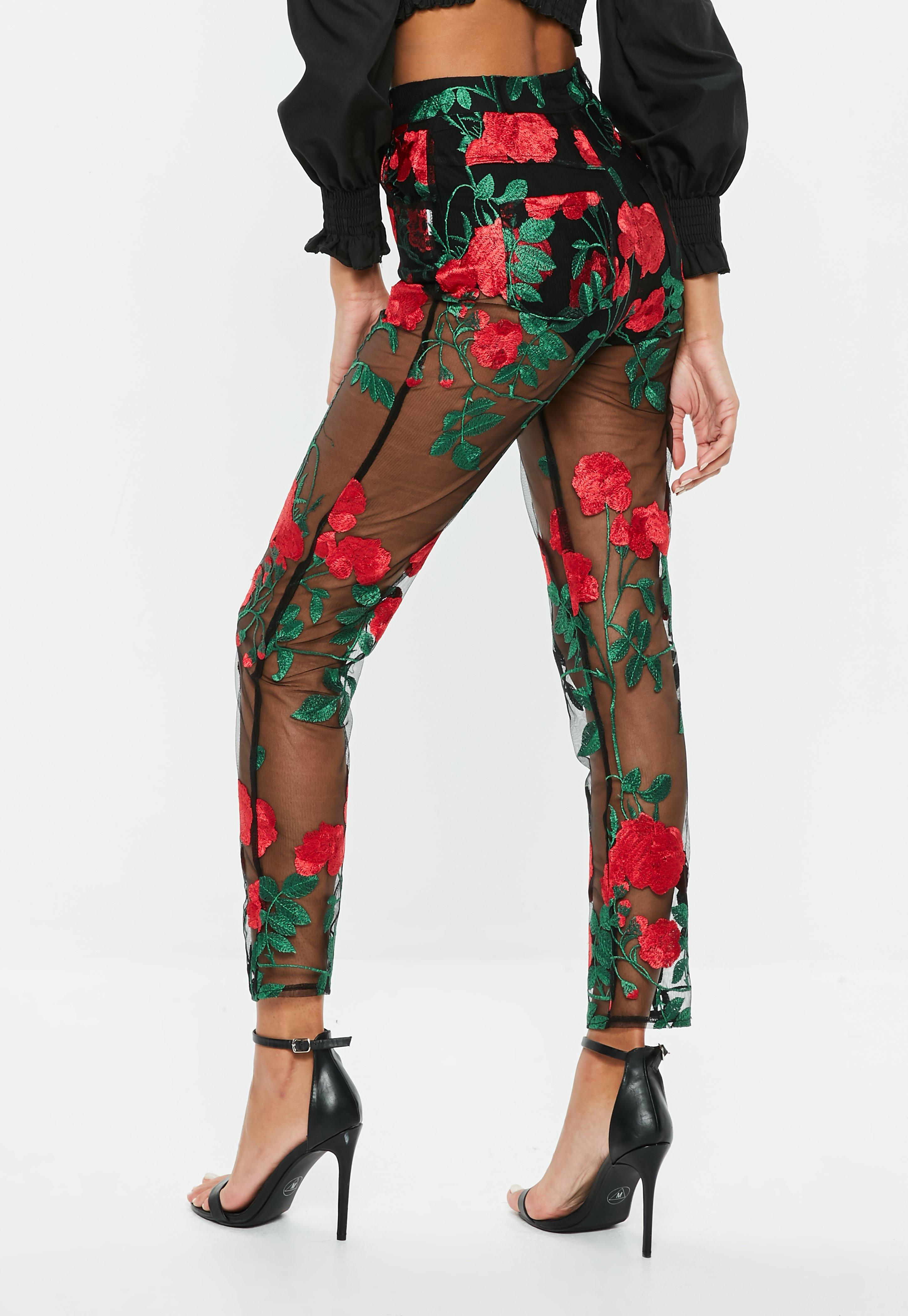 Missguided Synthetic Black Floral Embroidered Slim Leg Mesh Trousers - Lyst