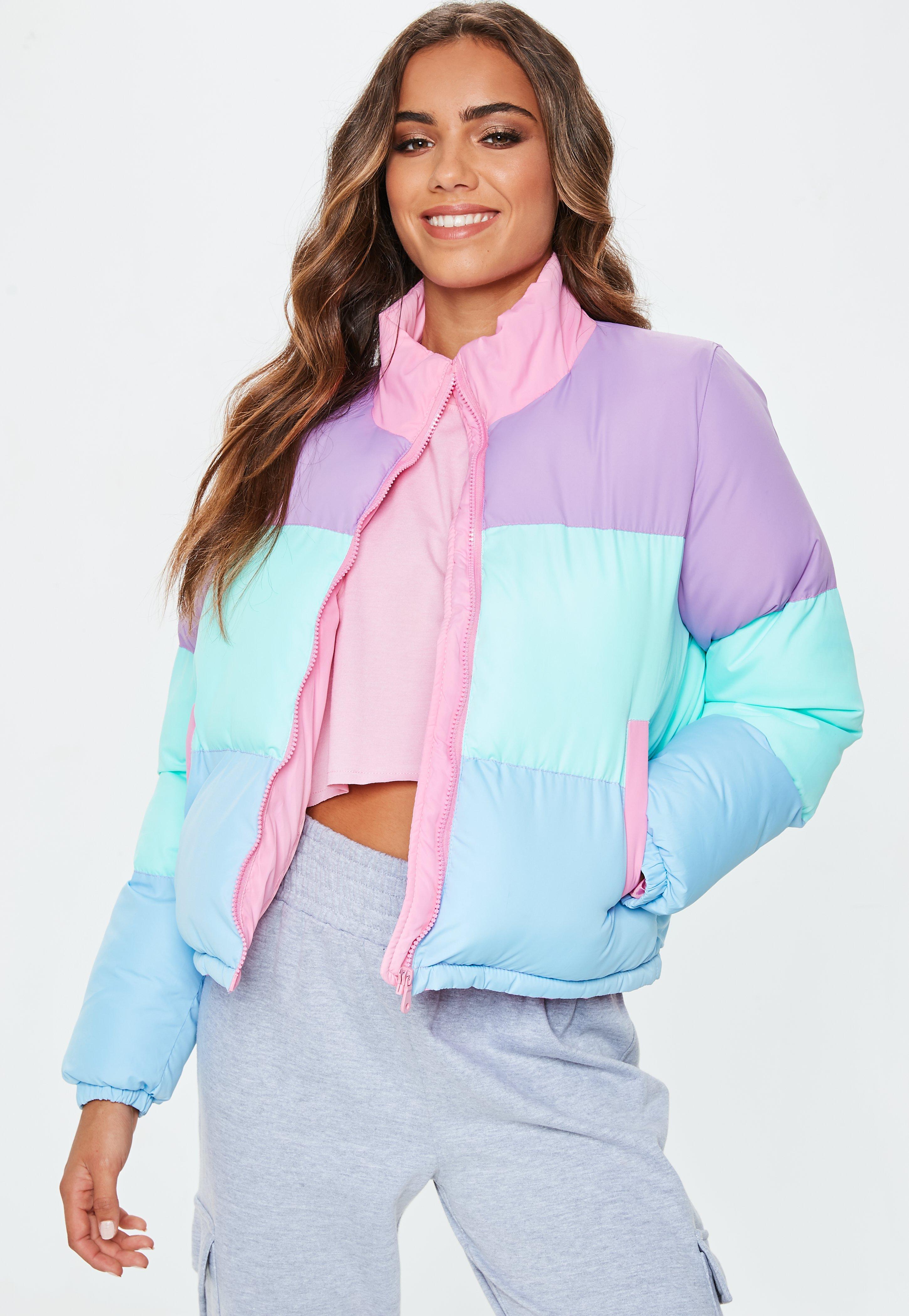 pastel colored puffer jacket