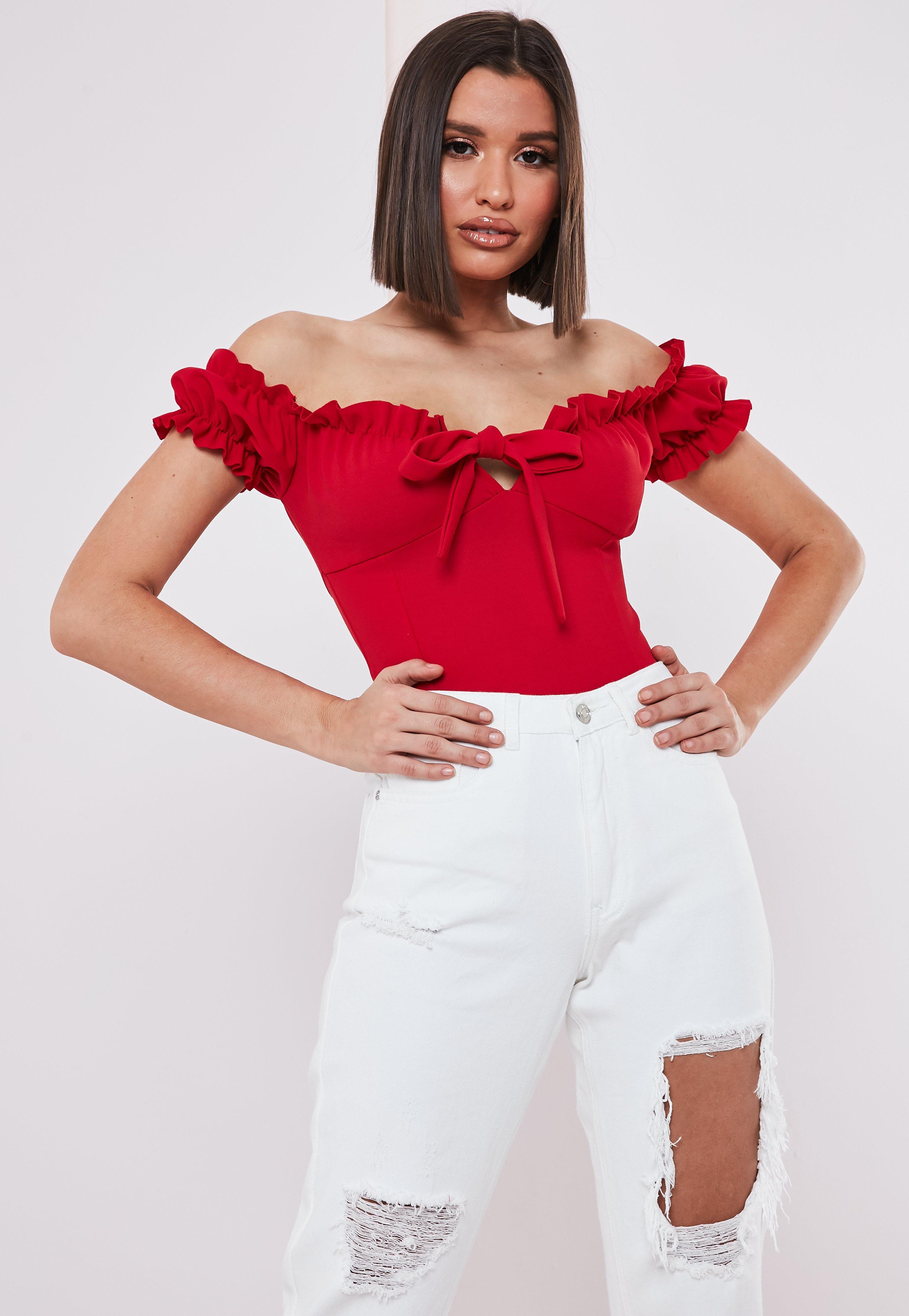 red bardot bodysuit