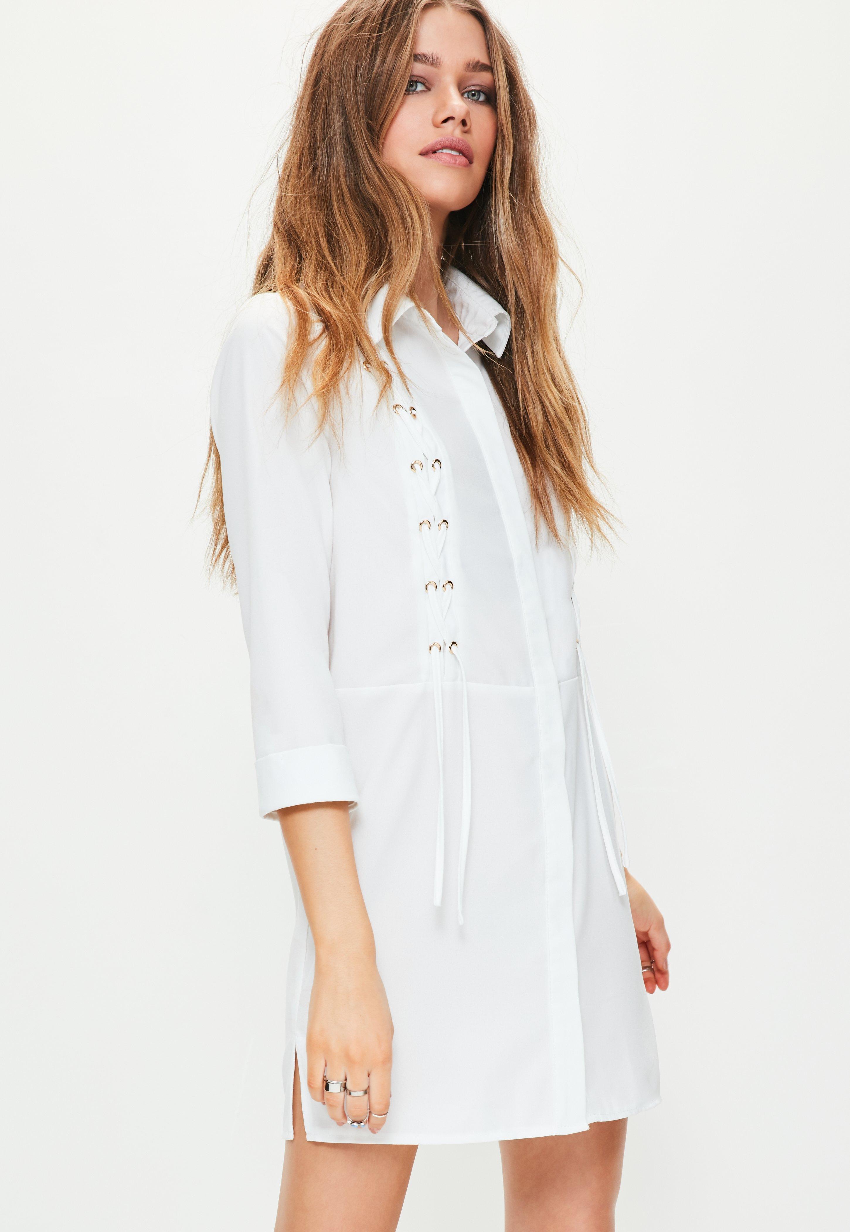 white lace up front dress