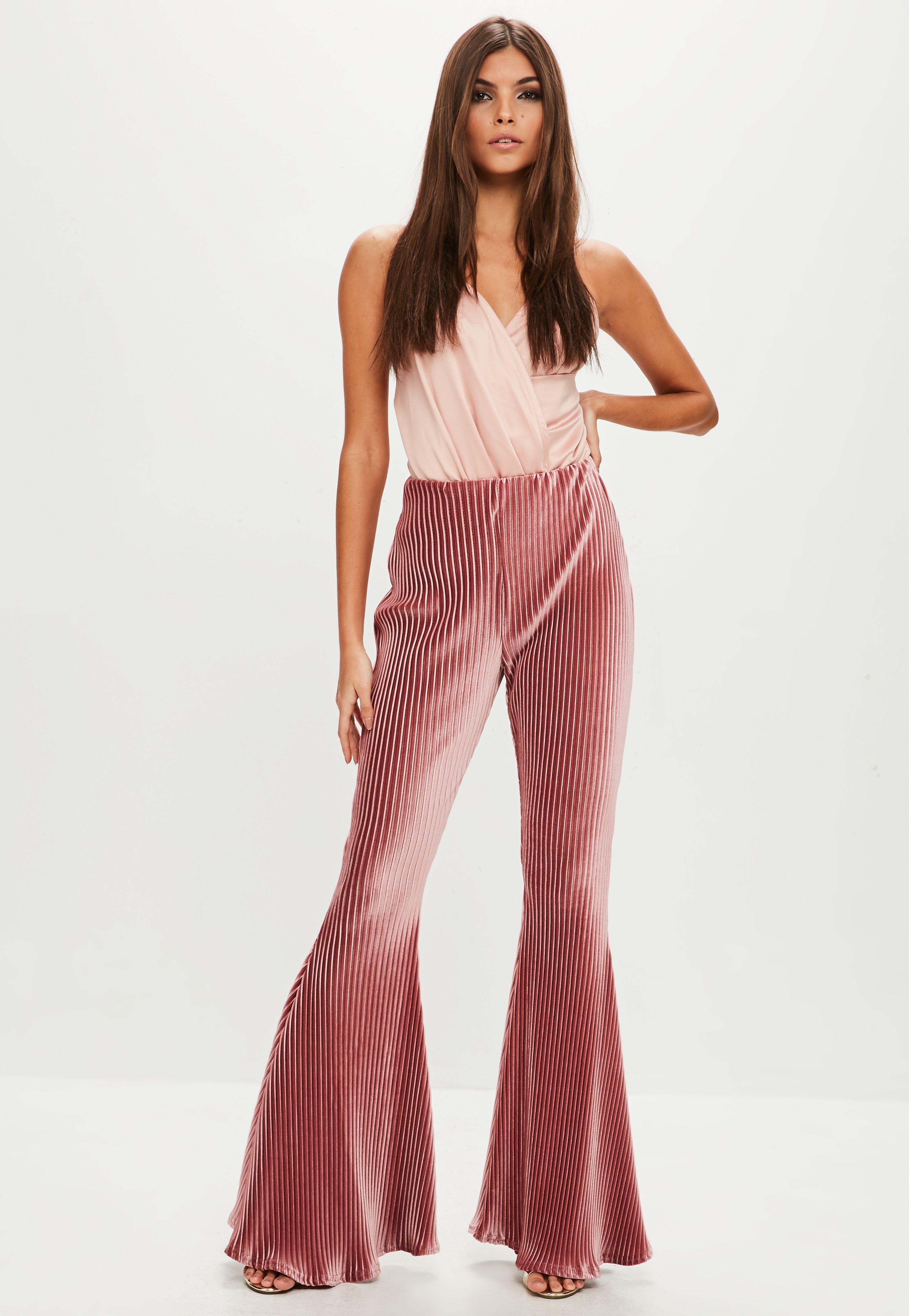 pink velvet flare pants