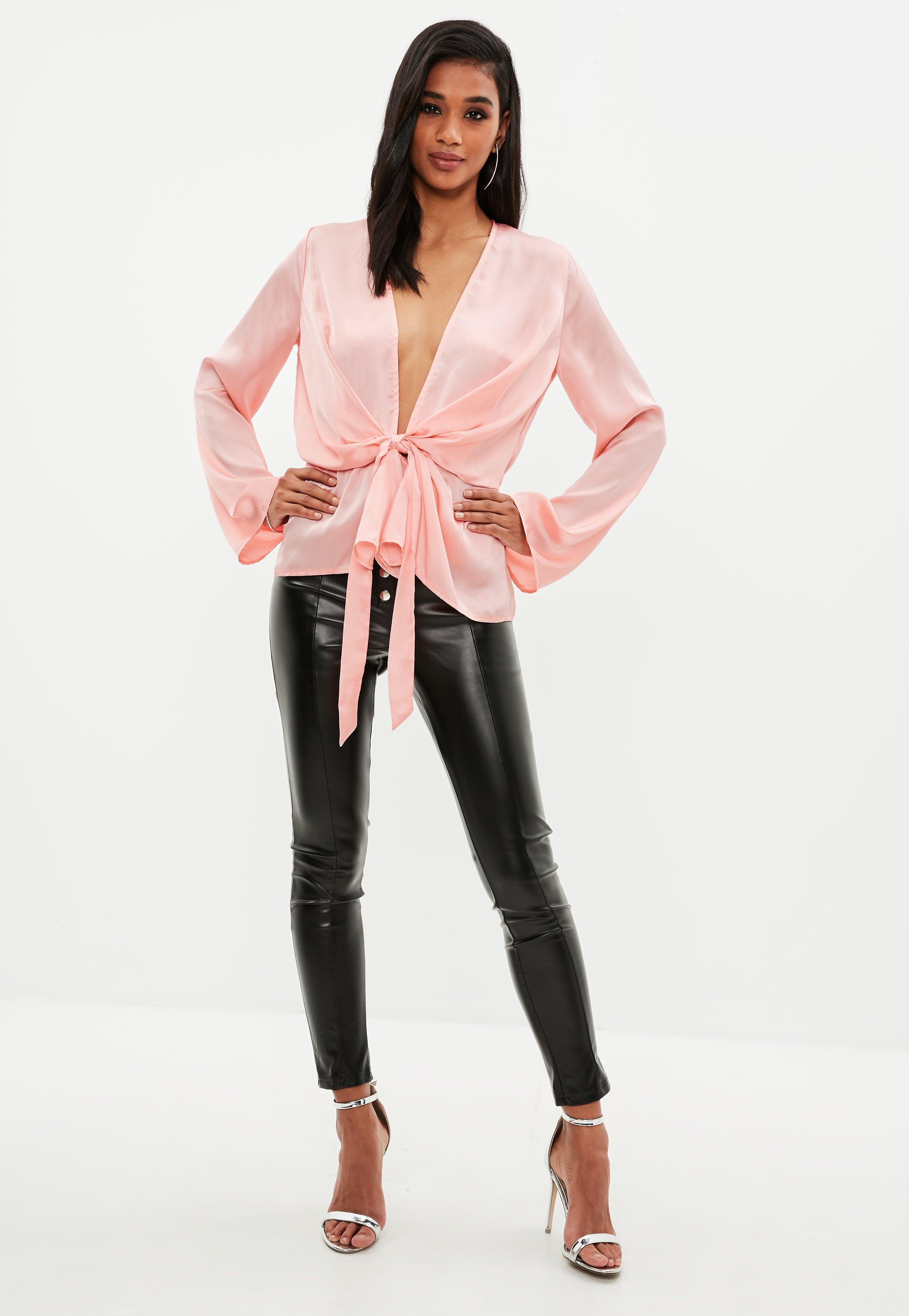 pink satin wrap blouse
