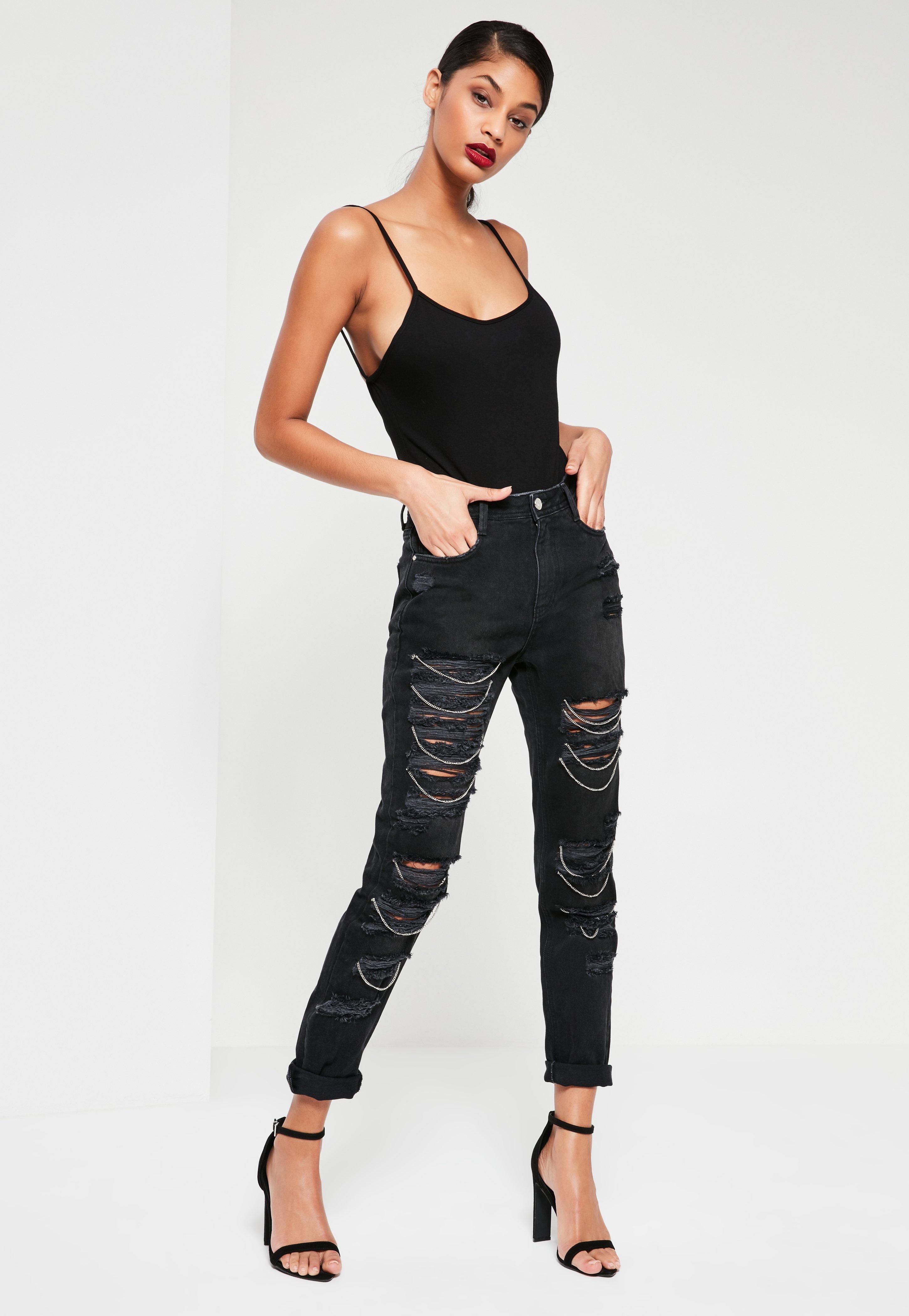 black ripped jeans with chain