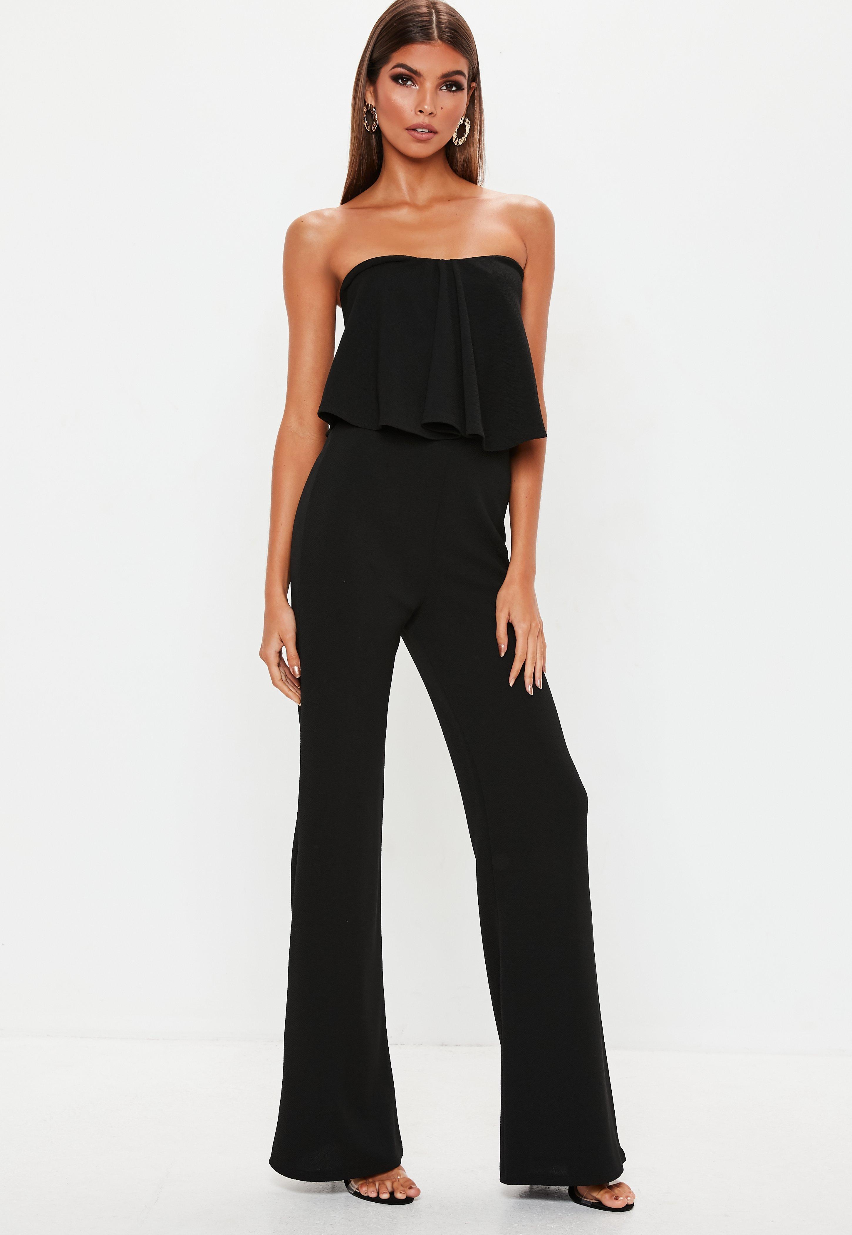 Missguided Synthetic Black Bandeau Frill Wide Leg Jumpsuit - Lyst