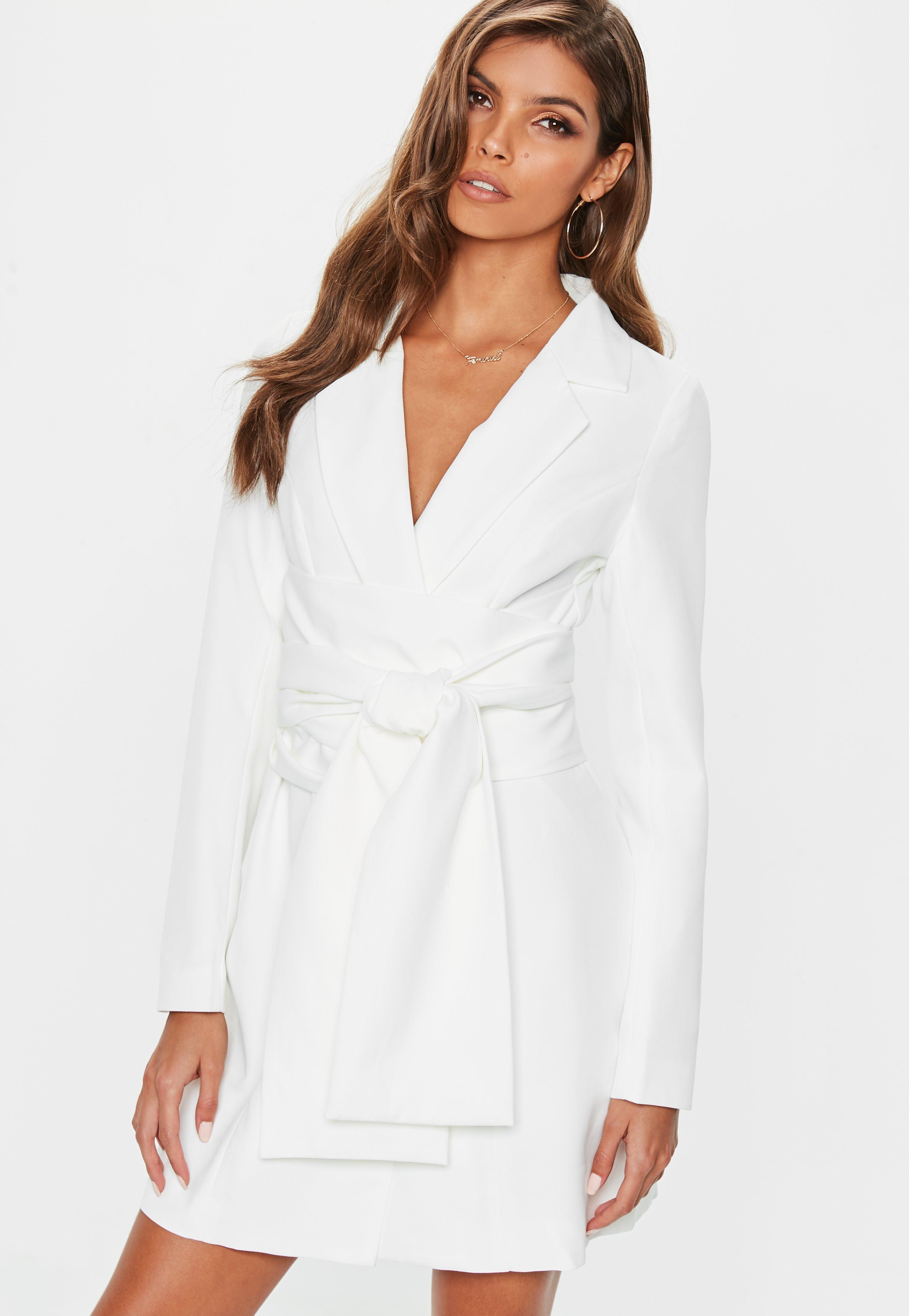 Missguided Synthetic Cream Extreme Wrap Belted Blazer Dress in White - Lyst