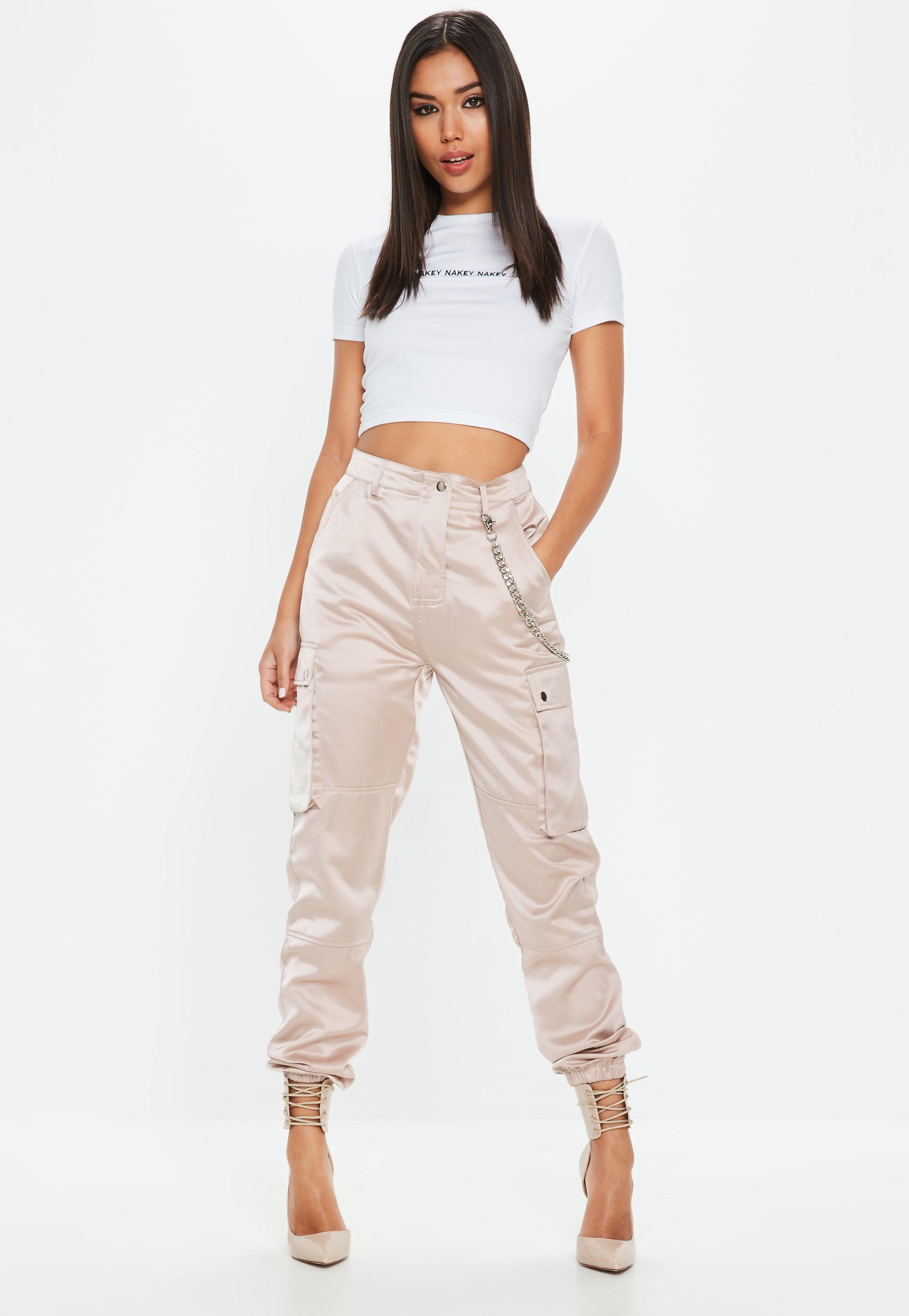 pink satin cargo pants