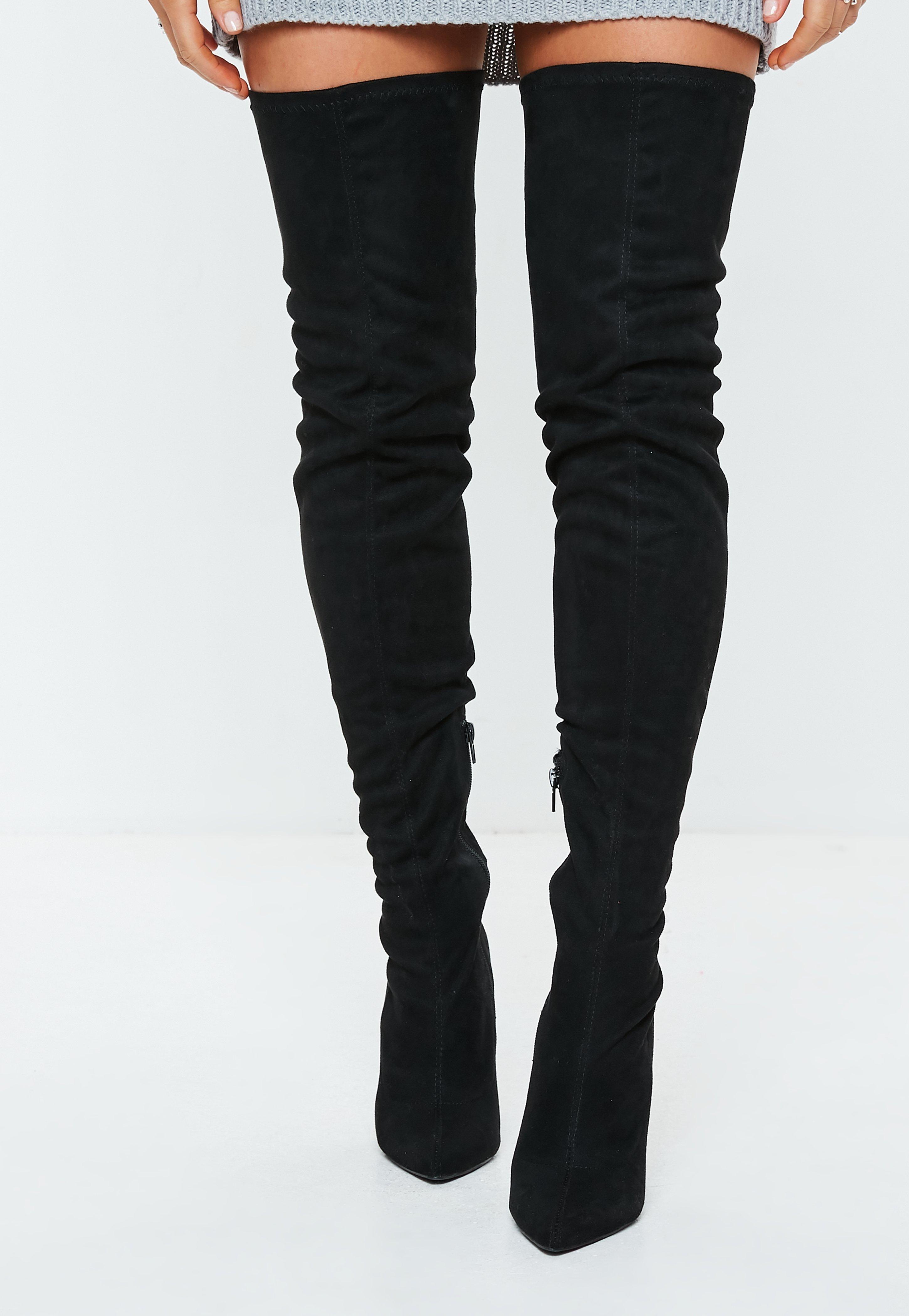 black over the knee flared heel boots