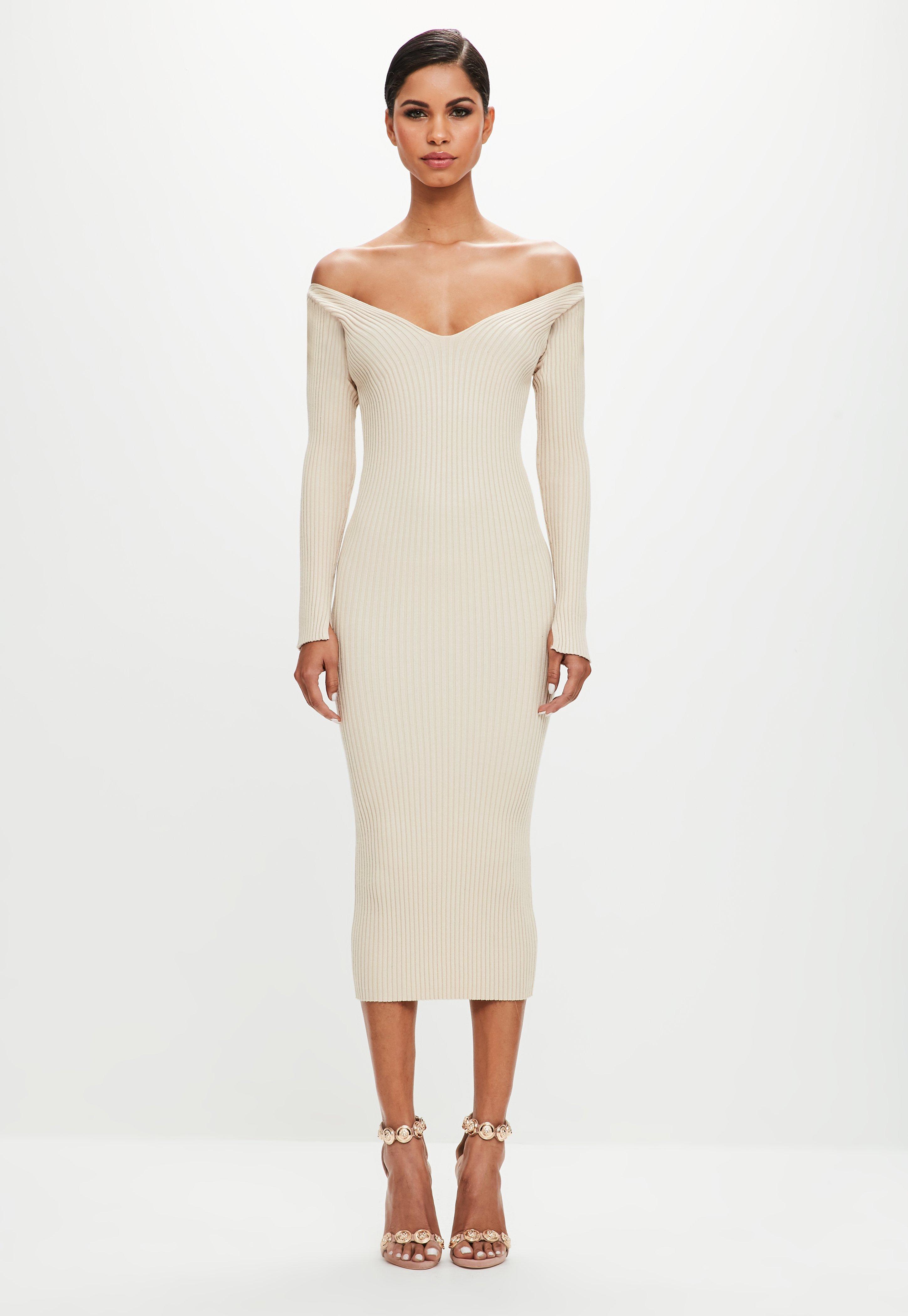 ribbed off shoulder midi dress