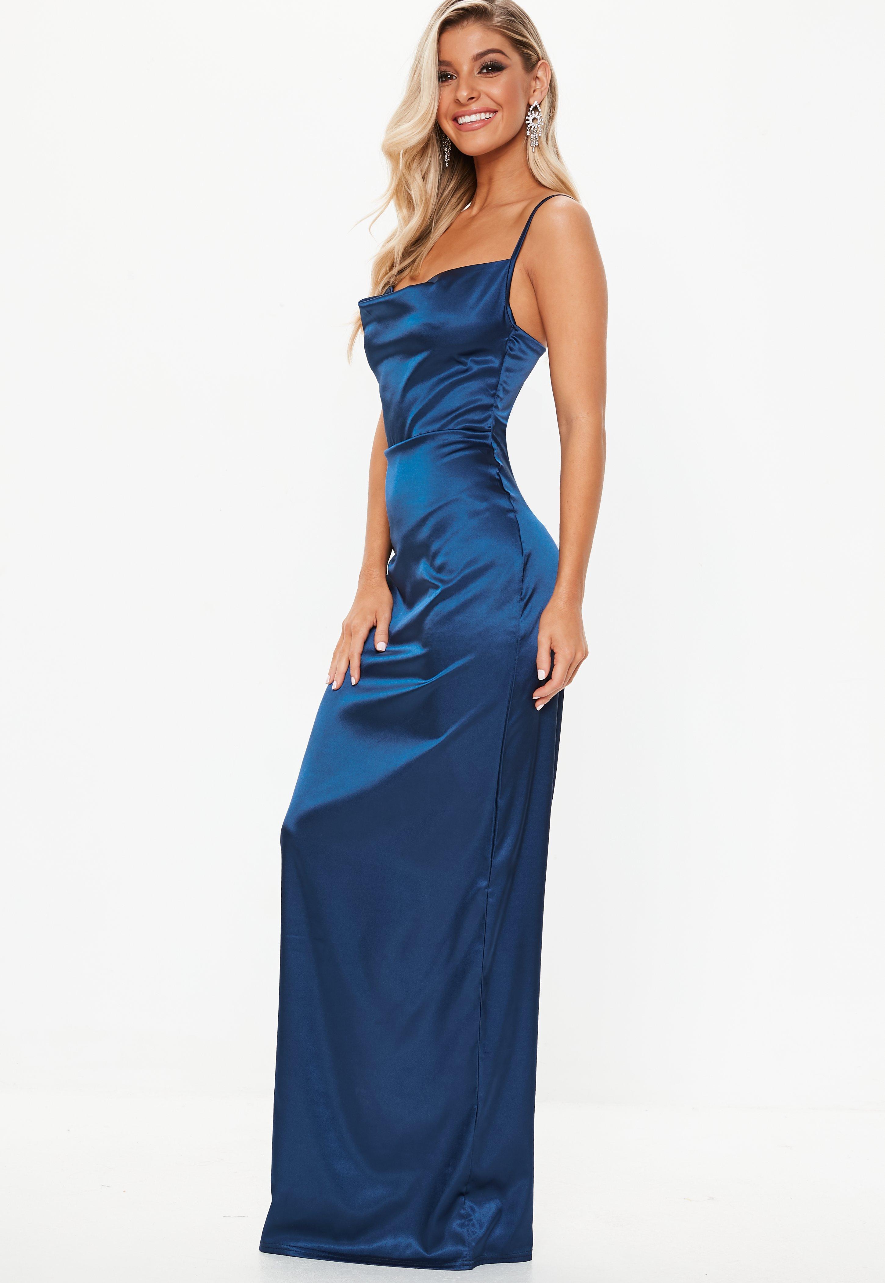 missguided satin cowl neck maxi dress in blue