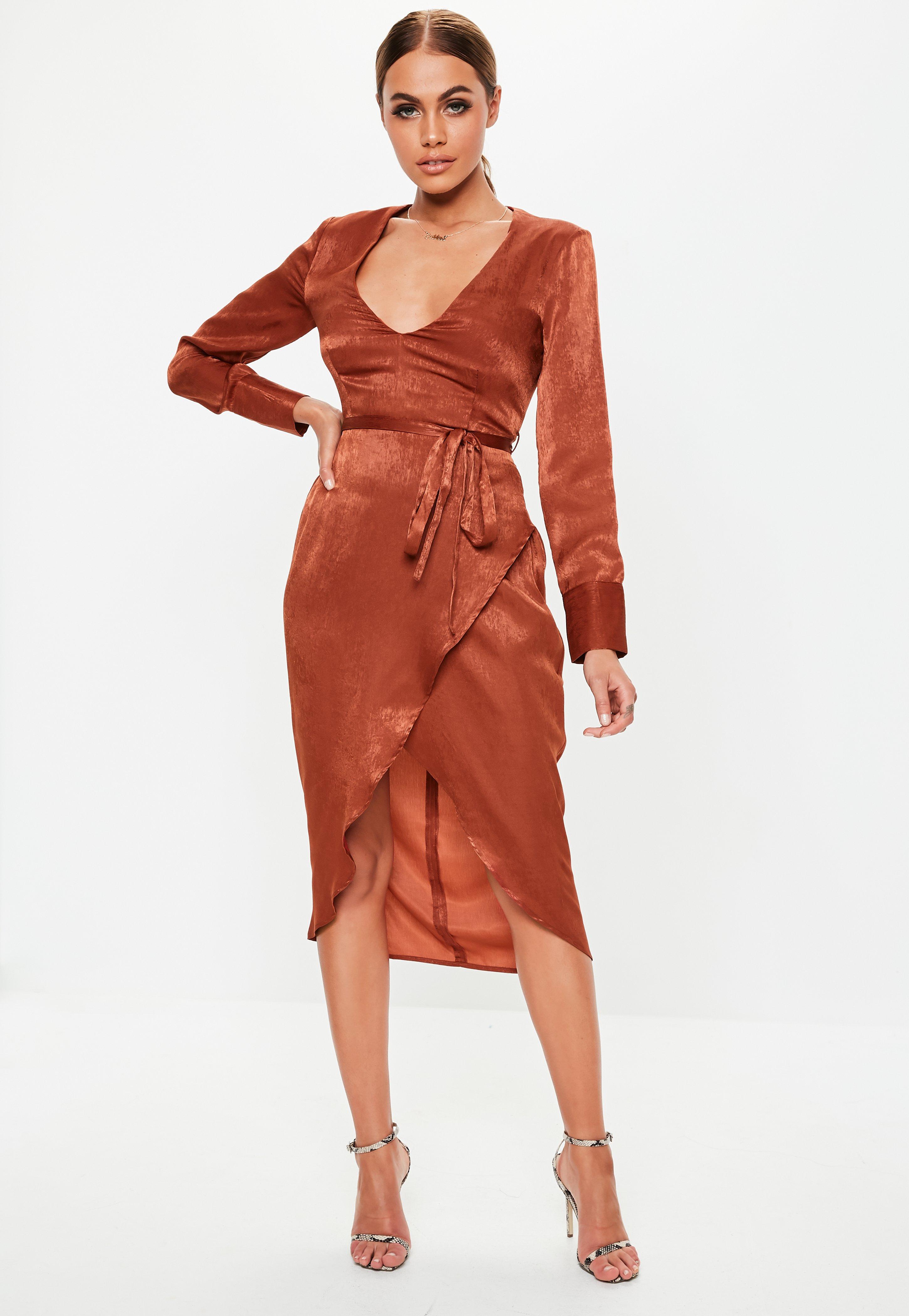 rust satin wrap dress