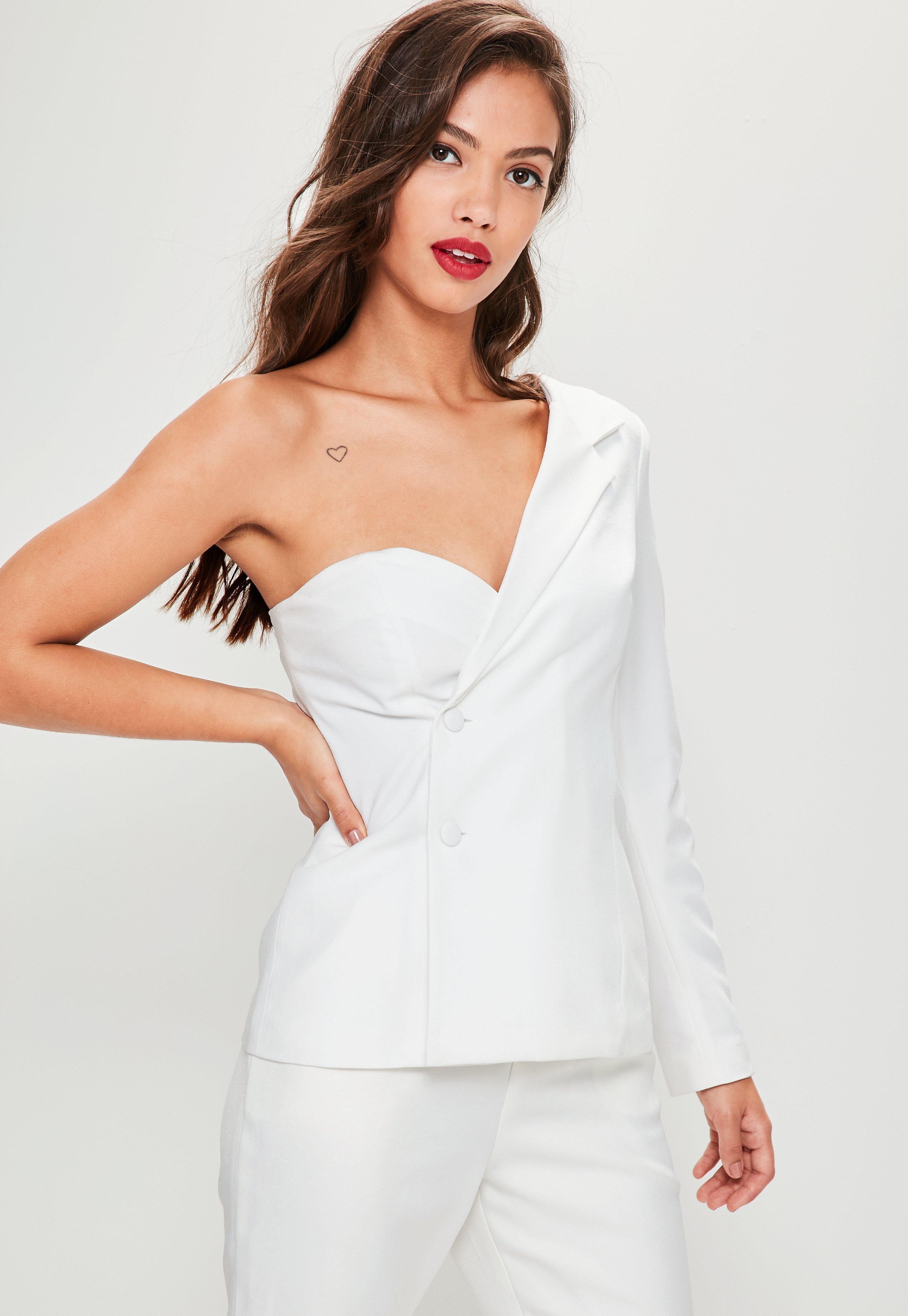one shoulder white blazer dress