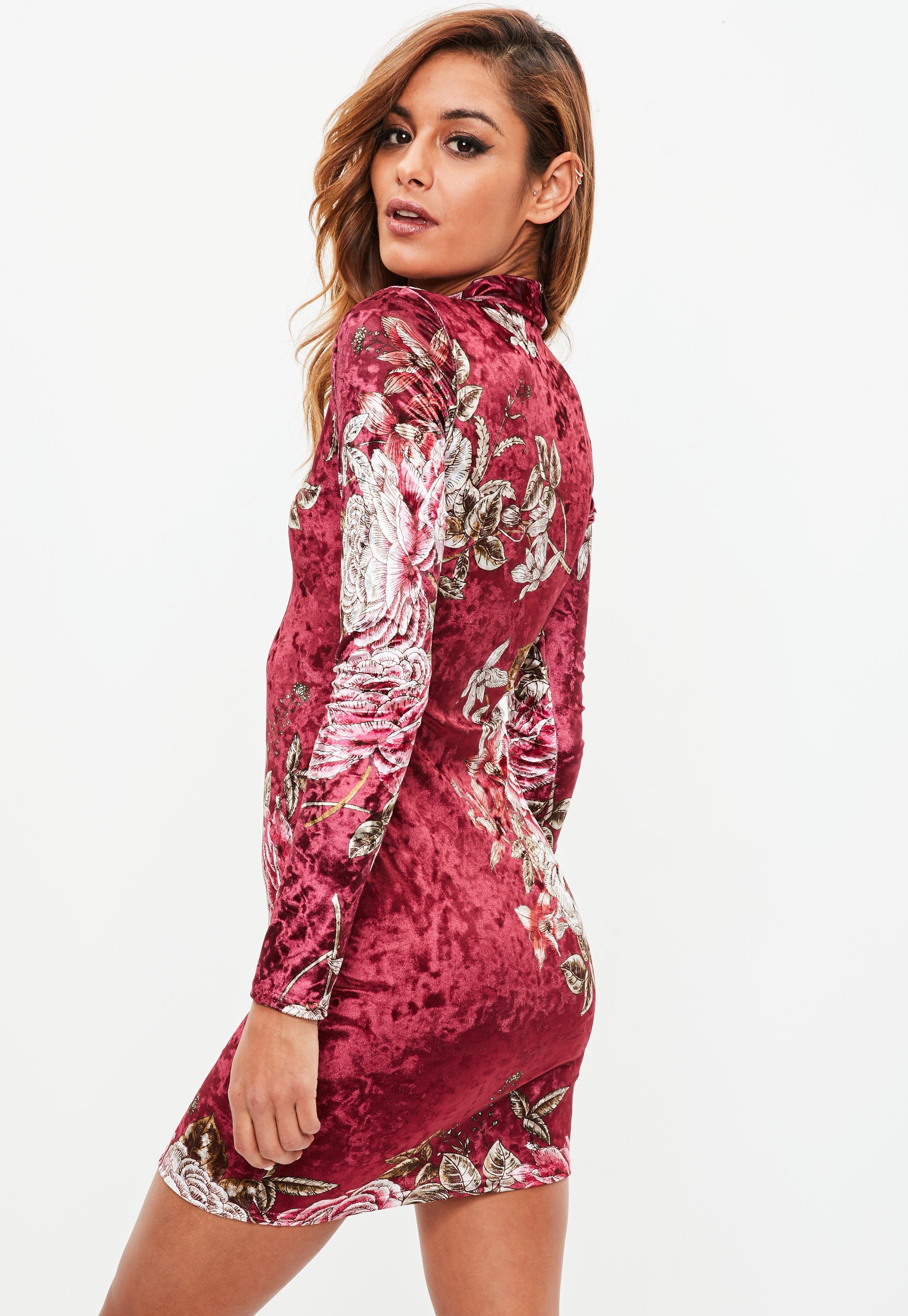 Missguided Burgundy High Neck Velvet Floral Printed Dress