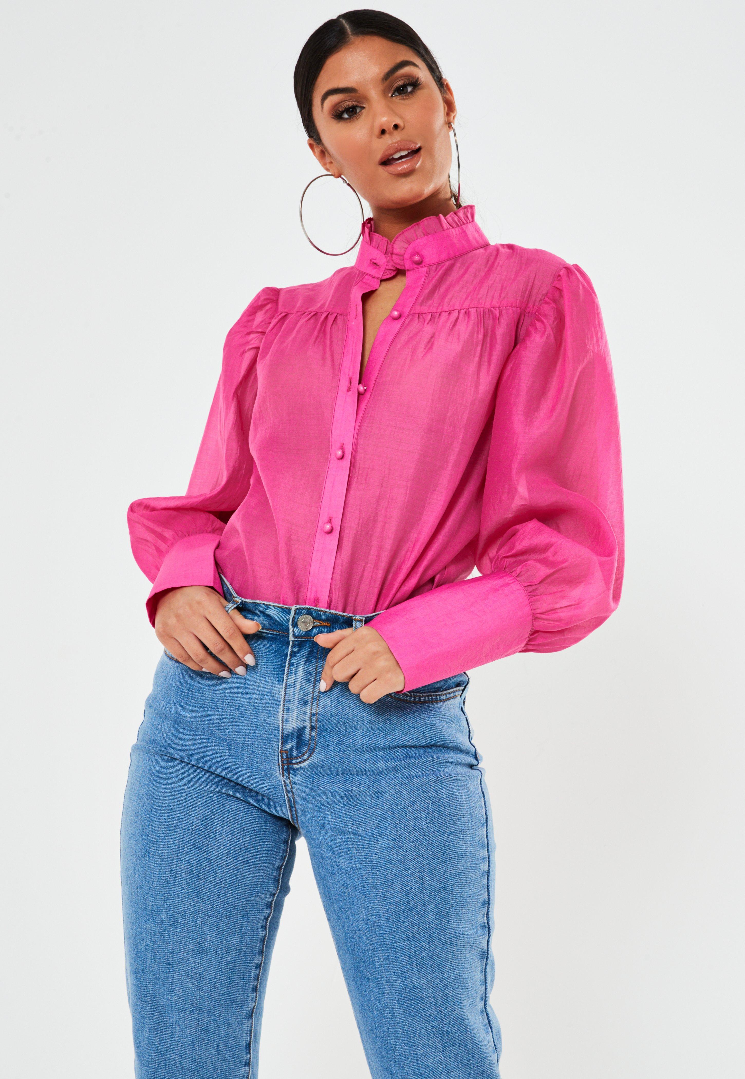Missguided Synthetic Organza Collarless Puff Sleeve Shirt in Pink - Lyst