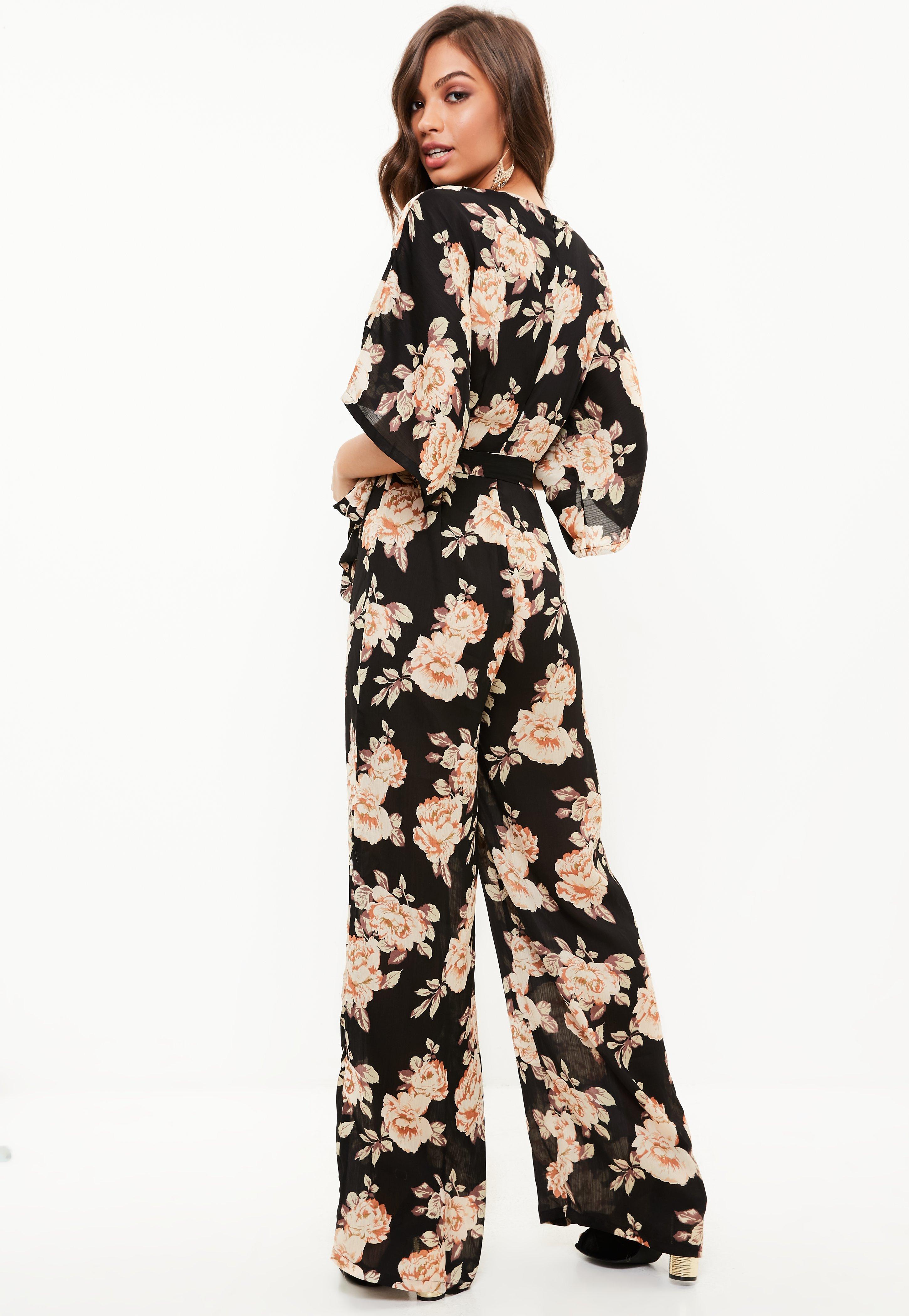 Lyst Missguided Black Floral Kimono Wide Leg Jumpsuit in Black