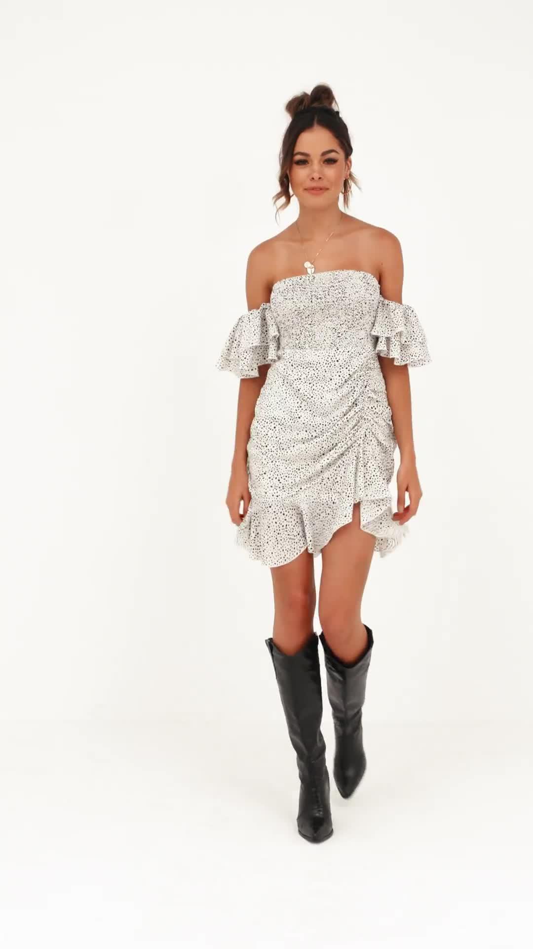white bardot dalmation print mini dress