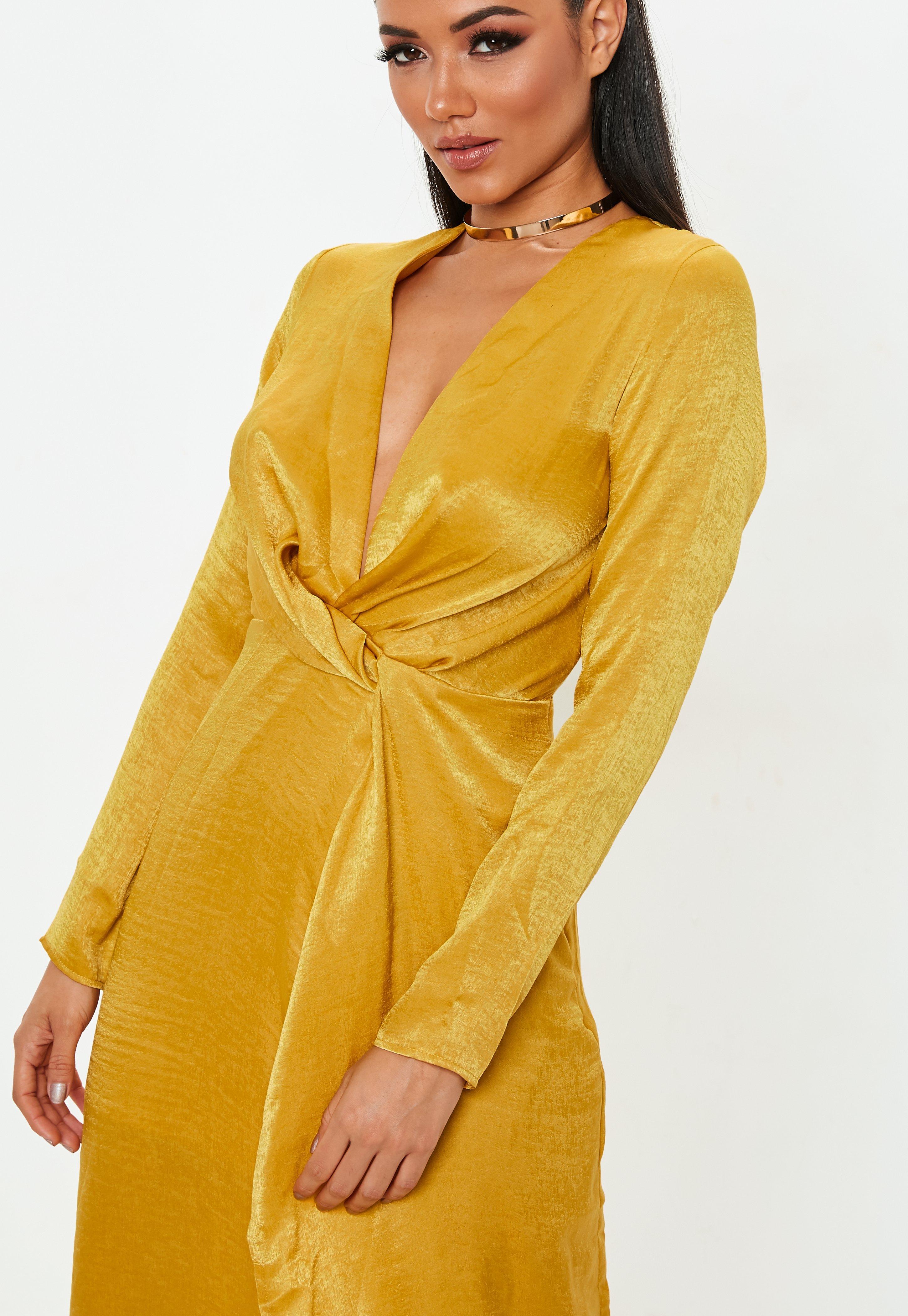 mustard satin wrap dress