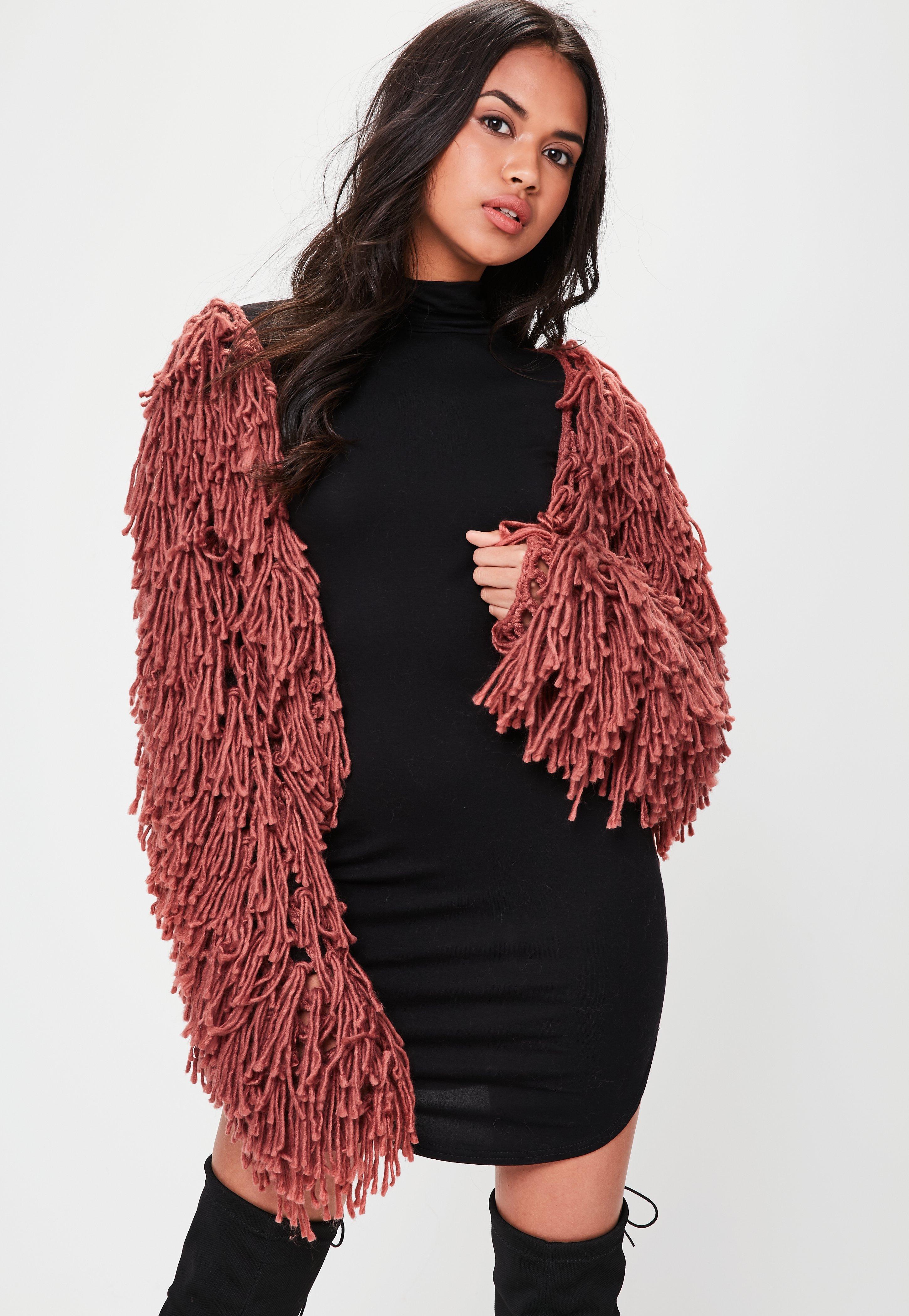 Missguided Synthetic Red Shaggy Crop Knitted Cardigan - Lyst