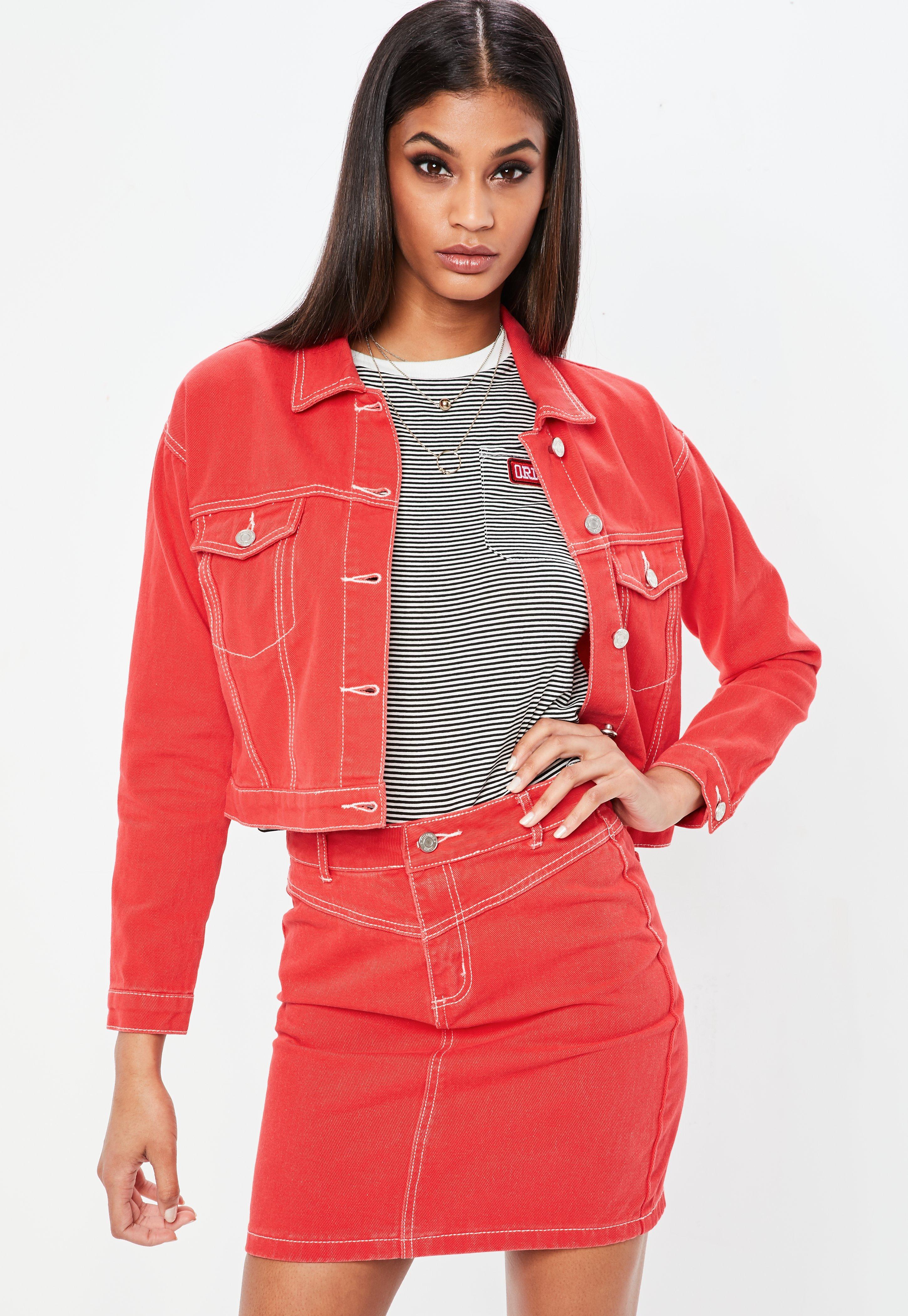 red denim jacket and skirt