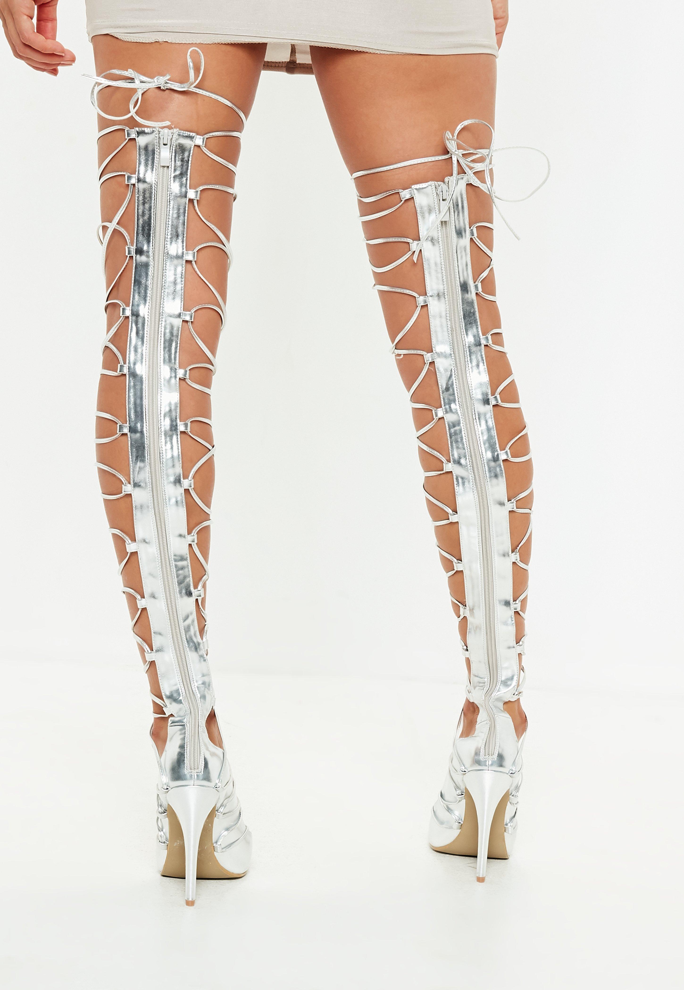 silver thigh high lace up heels