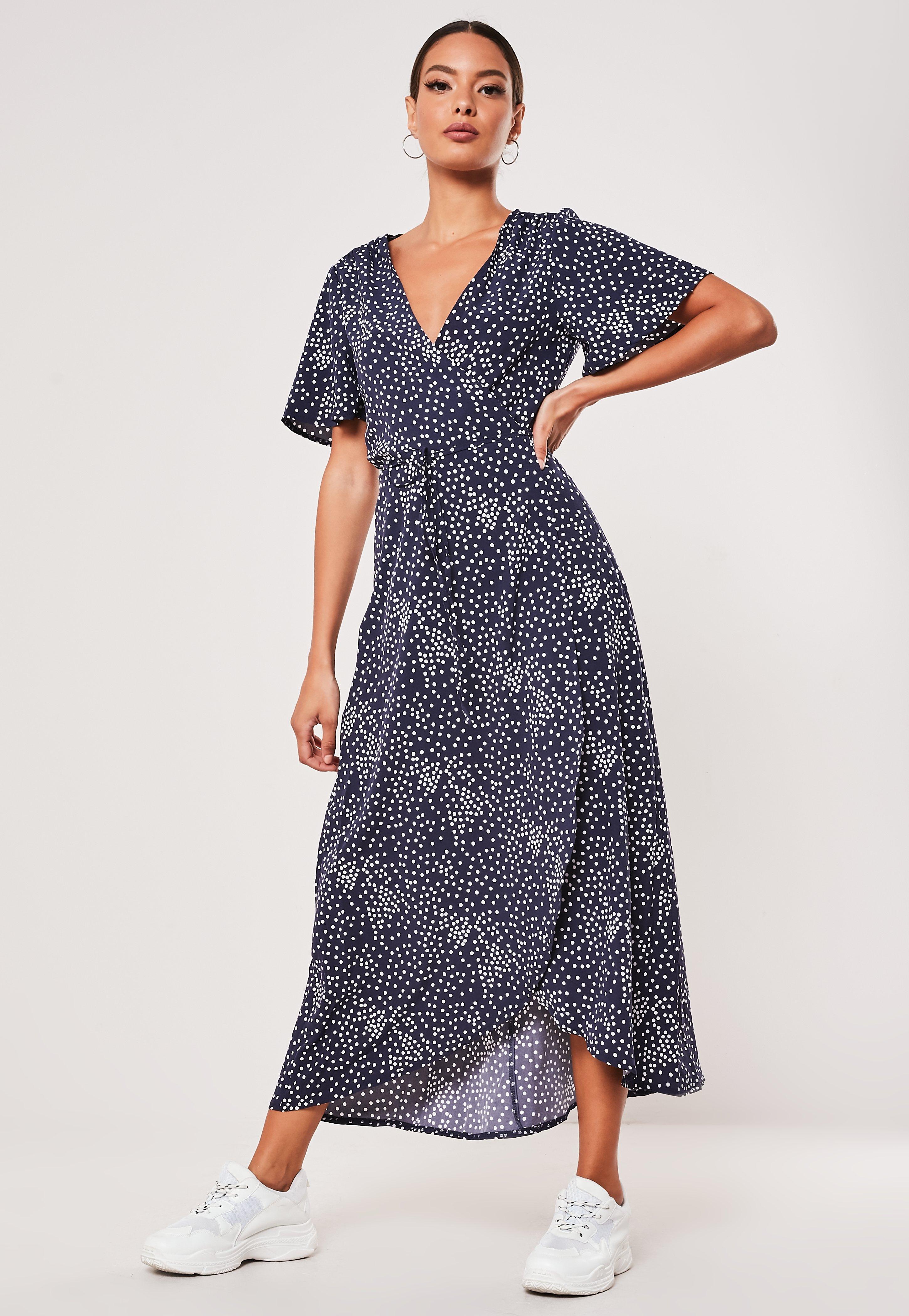 Missguided Synthetic Petite Navy Polka Dot High Low Wrap Midi Dress in ...