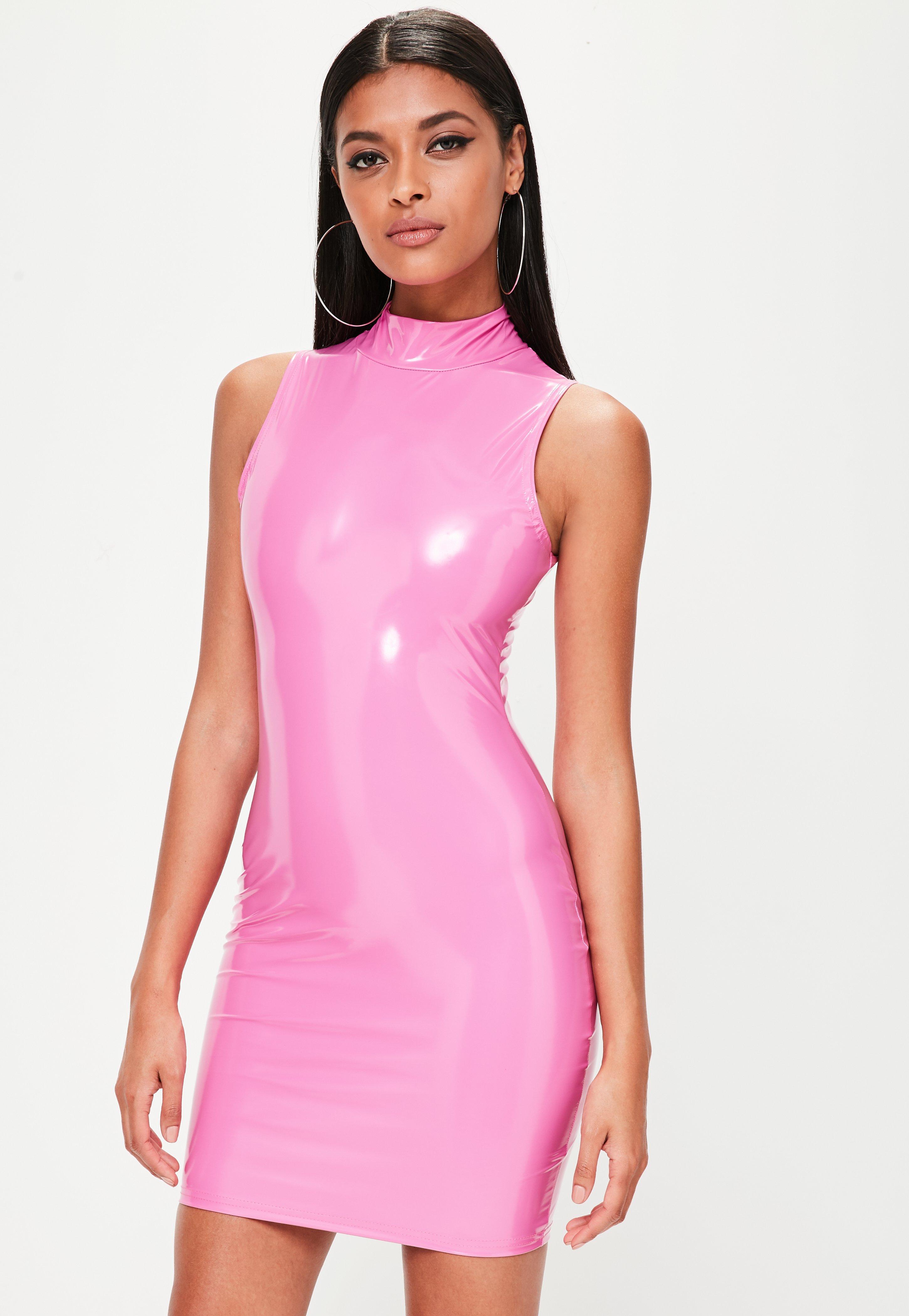 Missguided Pink Vinyl High Neck Bodycon Mini Dress - Lyst