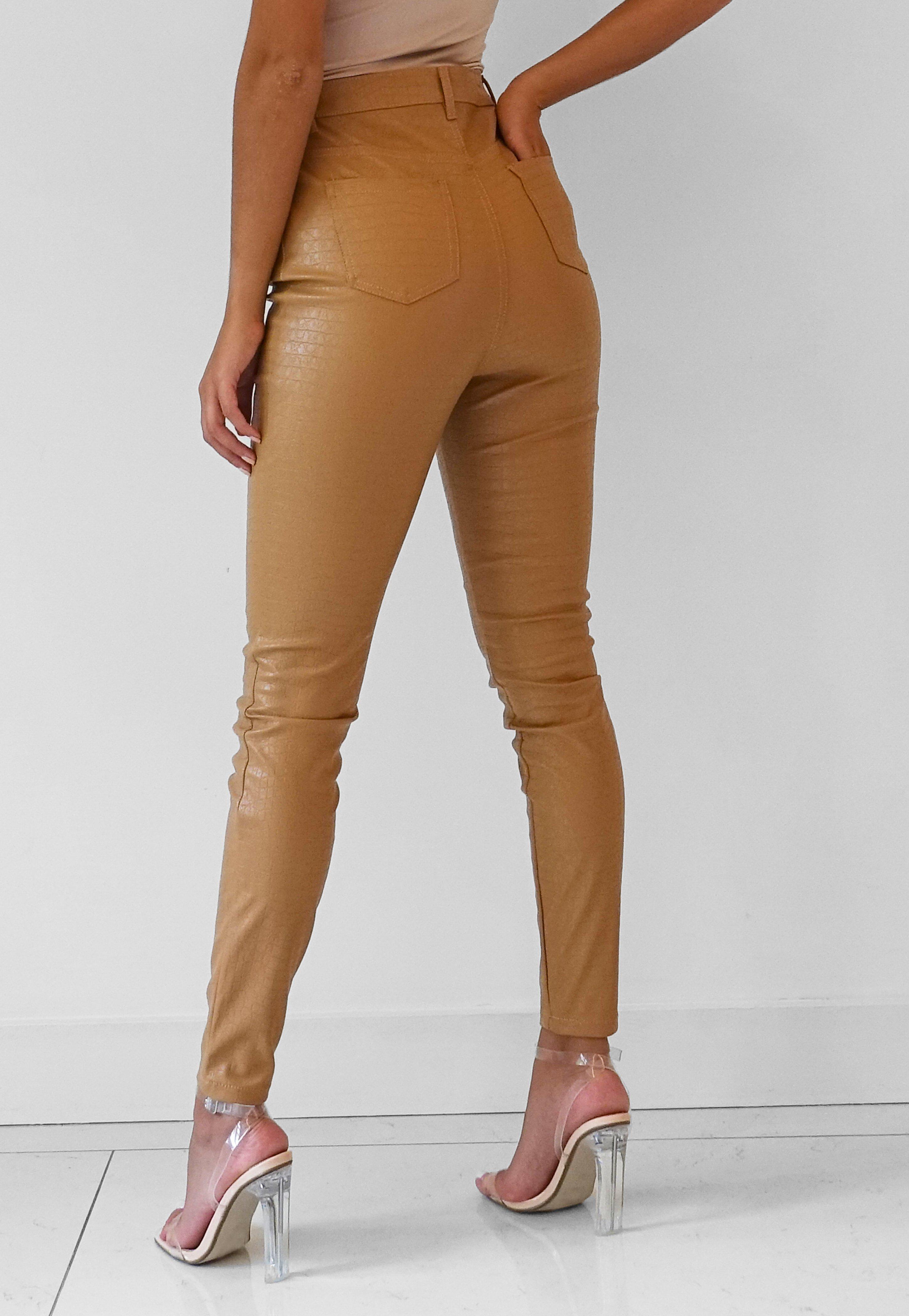 Missguided Tan Faux Leather Croc Skinny Pants in Brown - Lyst