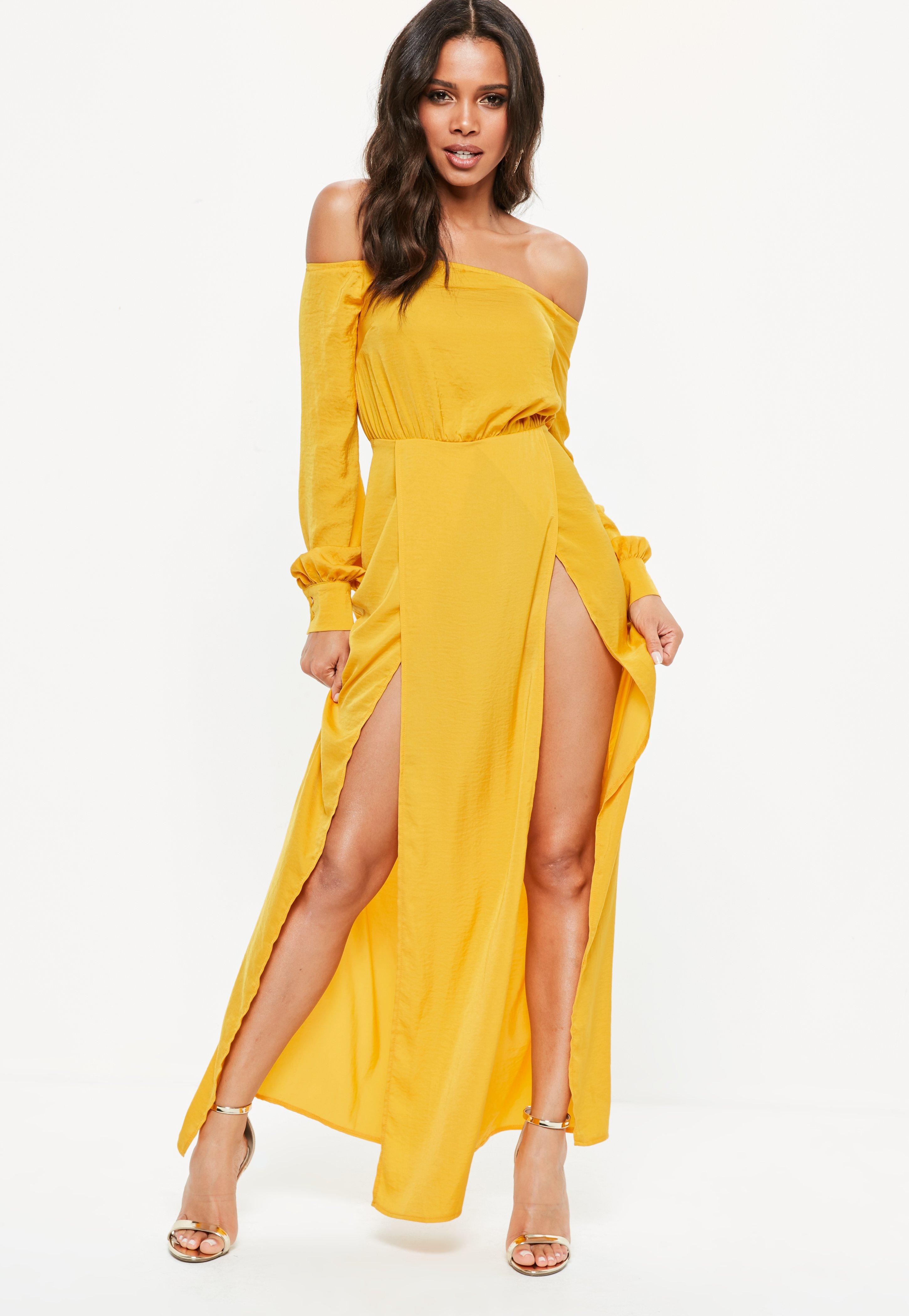 mustard bardot maxi dress