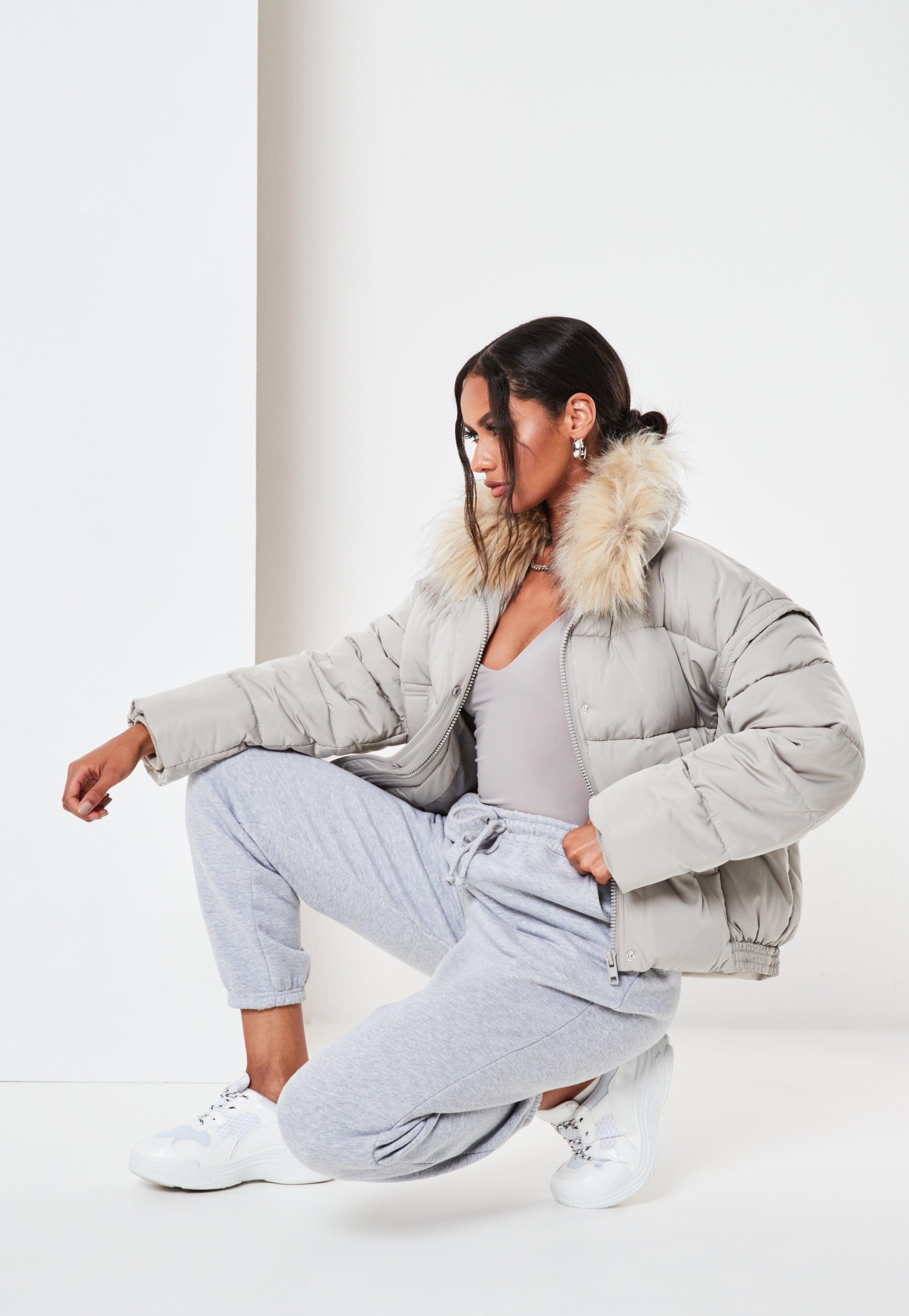 grey fur puffer jacket