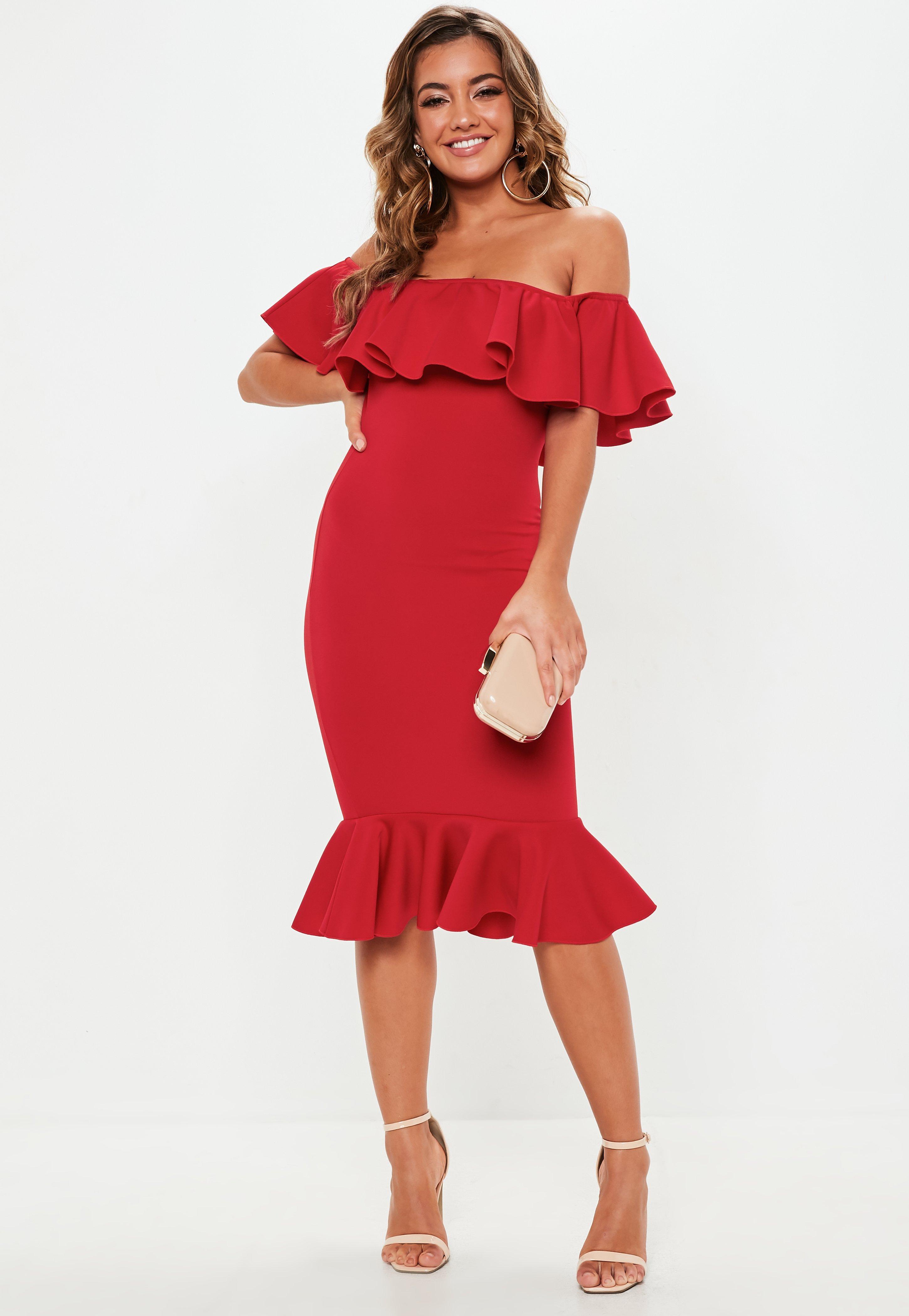 red fishtail midi dress