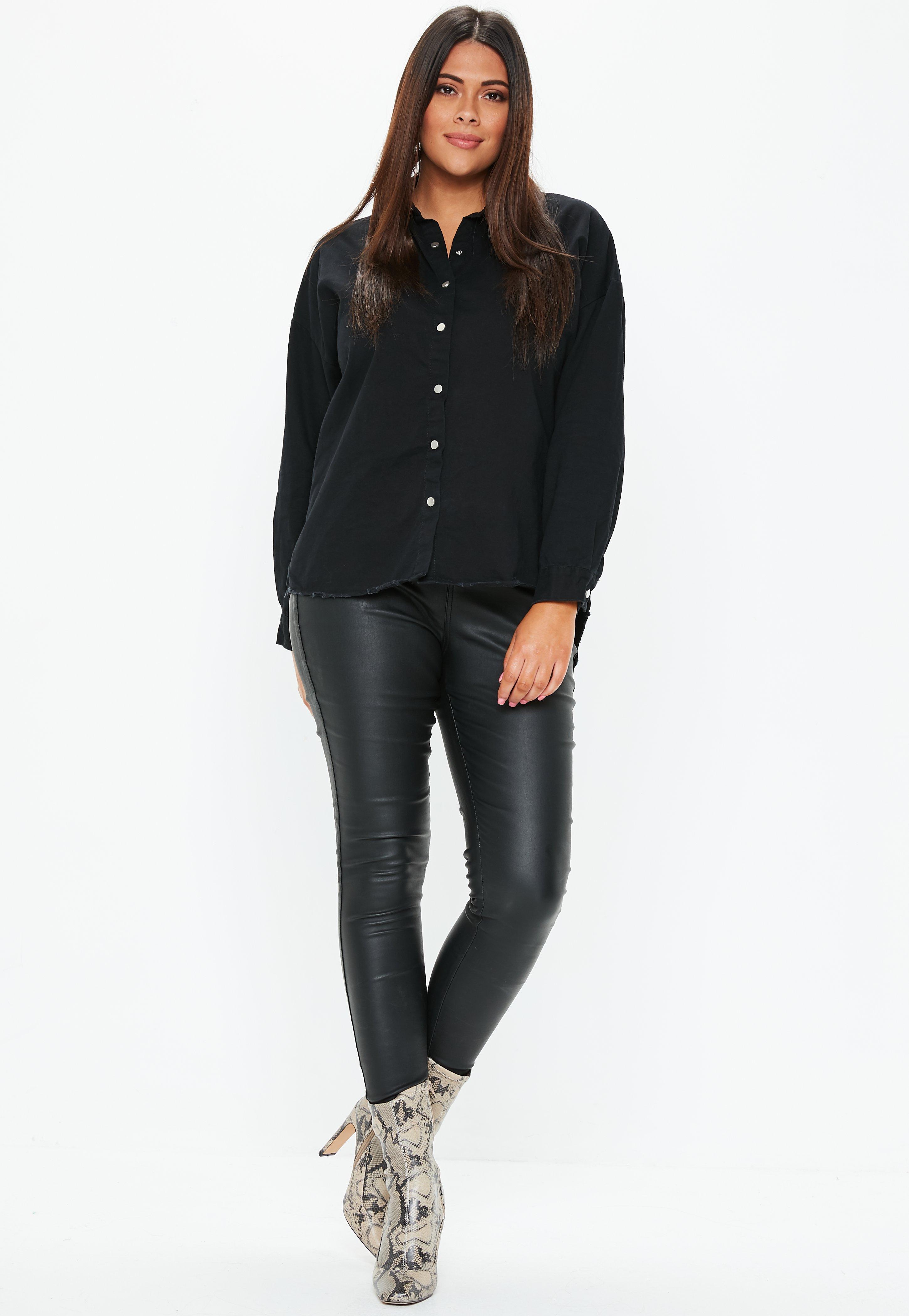 Black denim shirt womens plus size Clearance