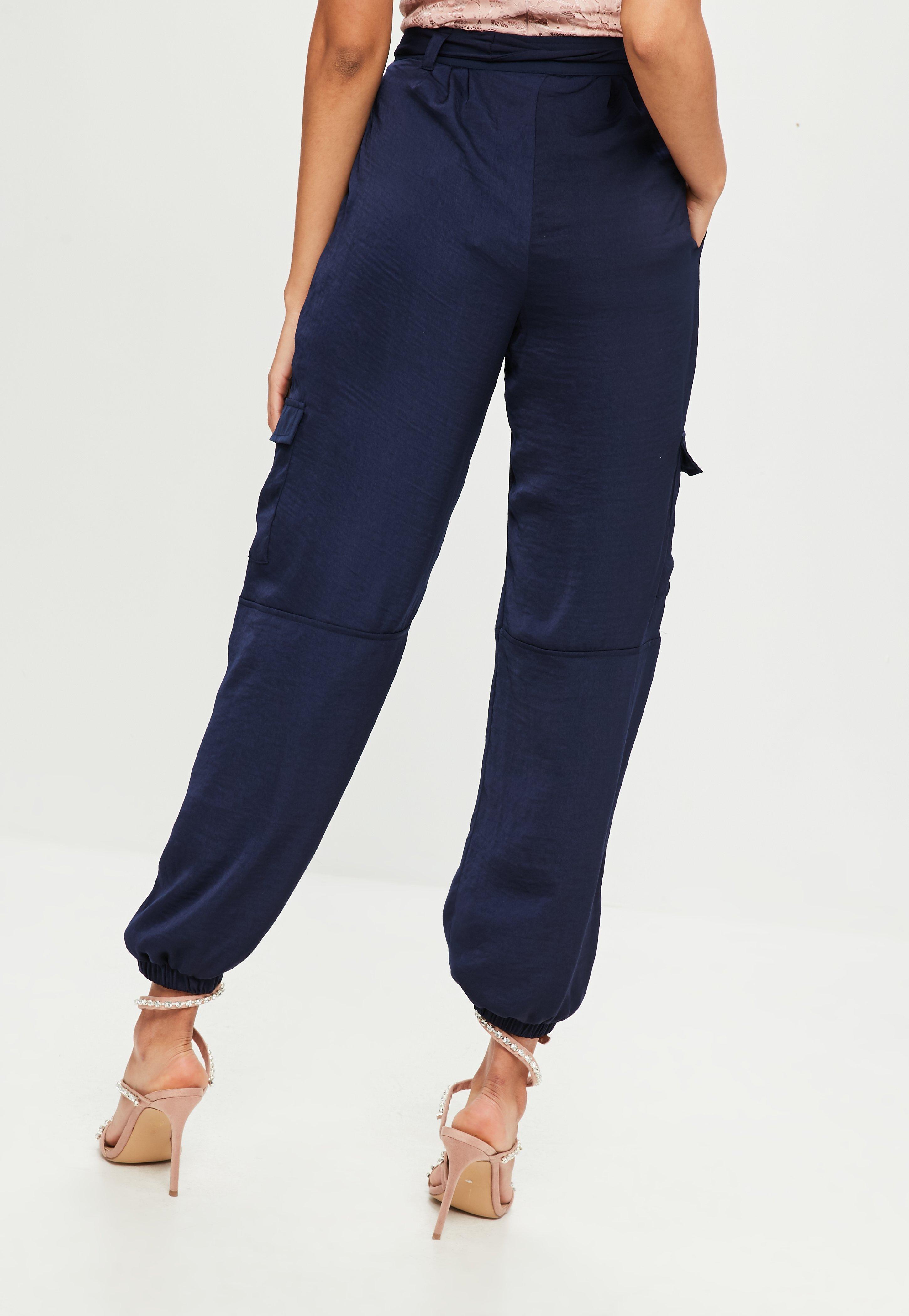 blue satin cargo pants