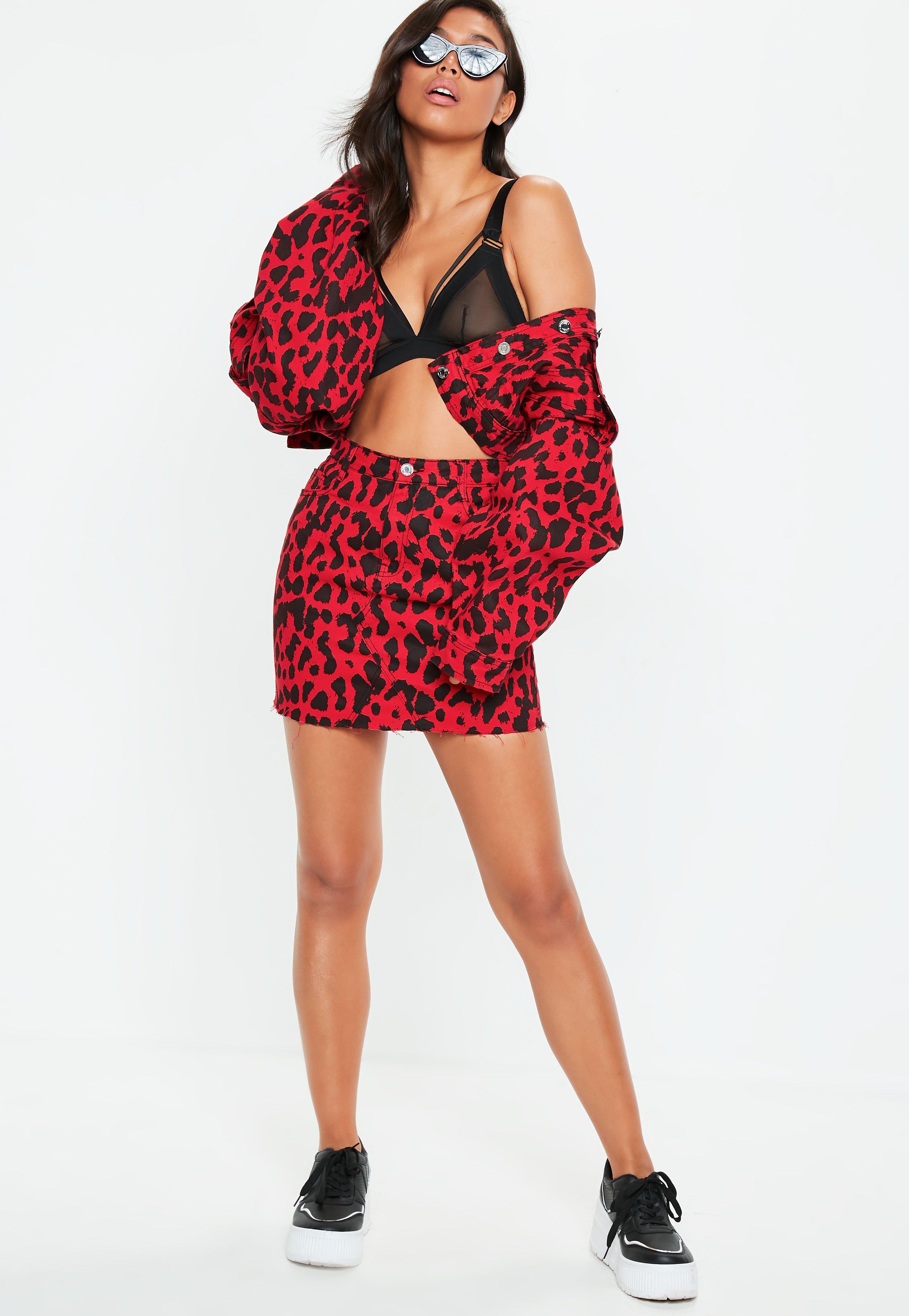 red leopard print denim skirt