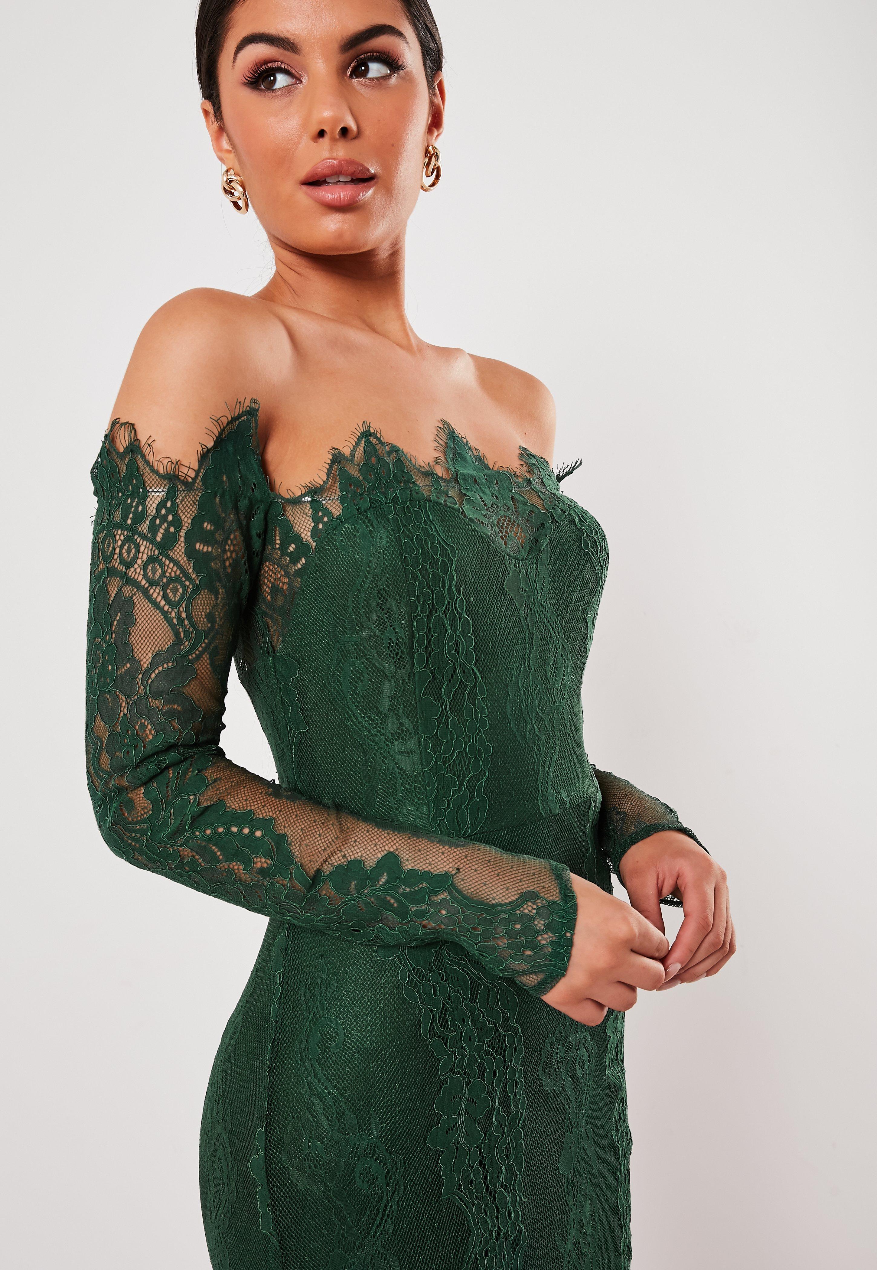 green lace bardot dress