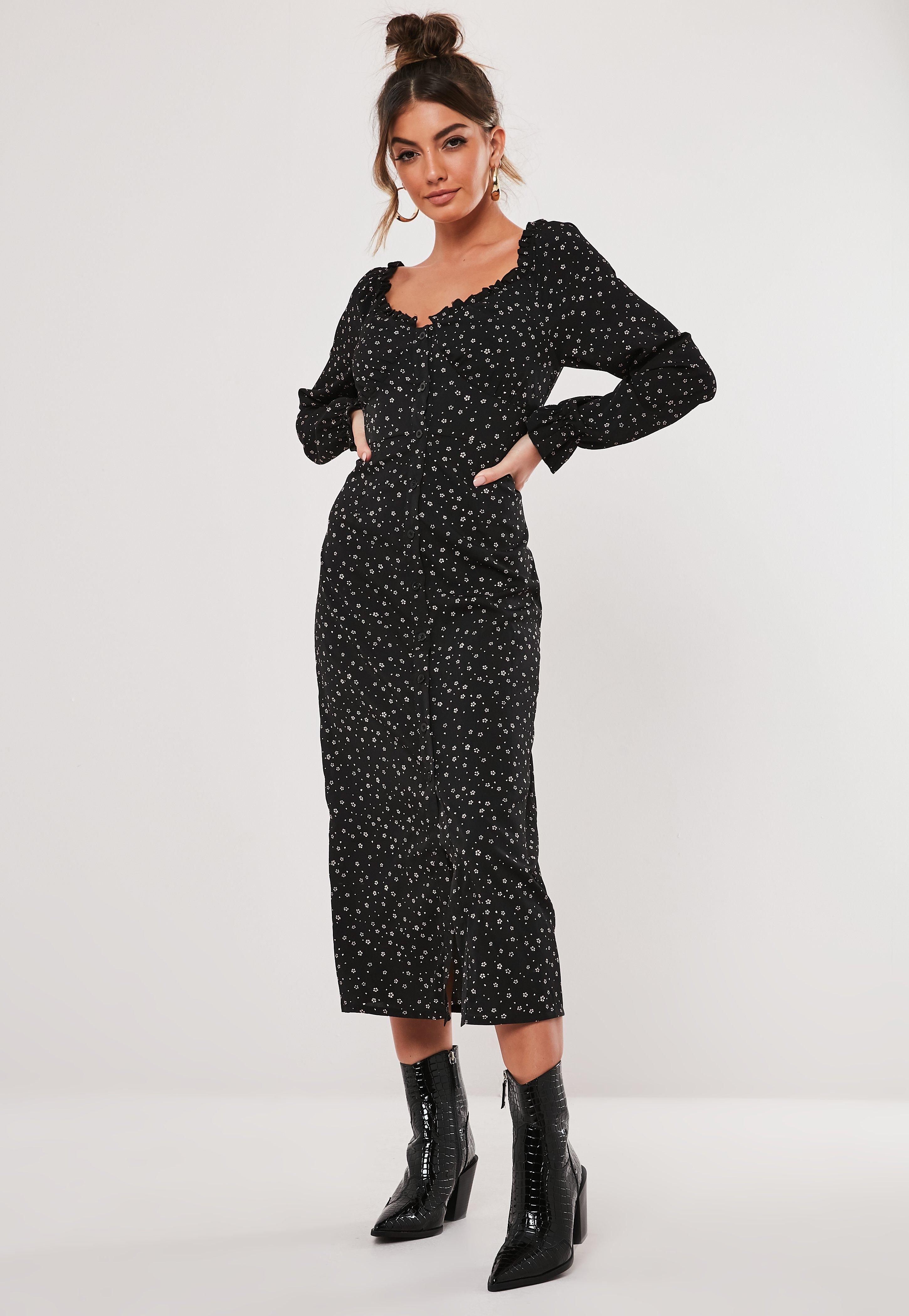 missguided milkmaid mini dress in black ditsy floral