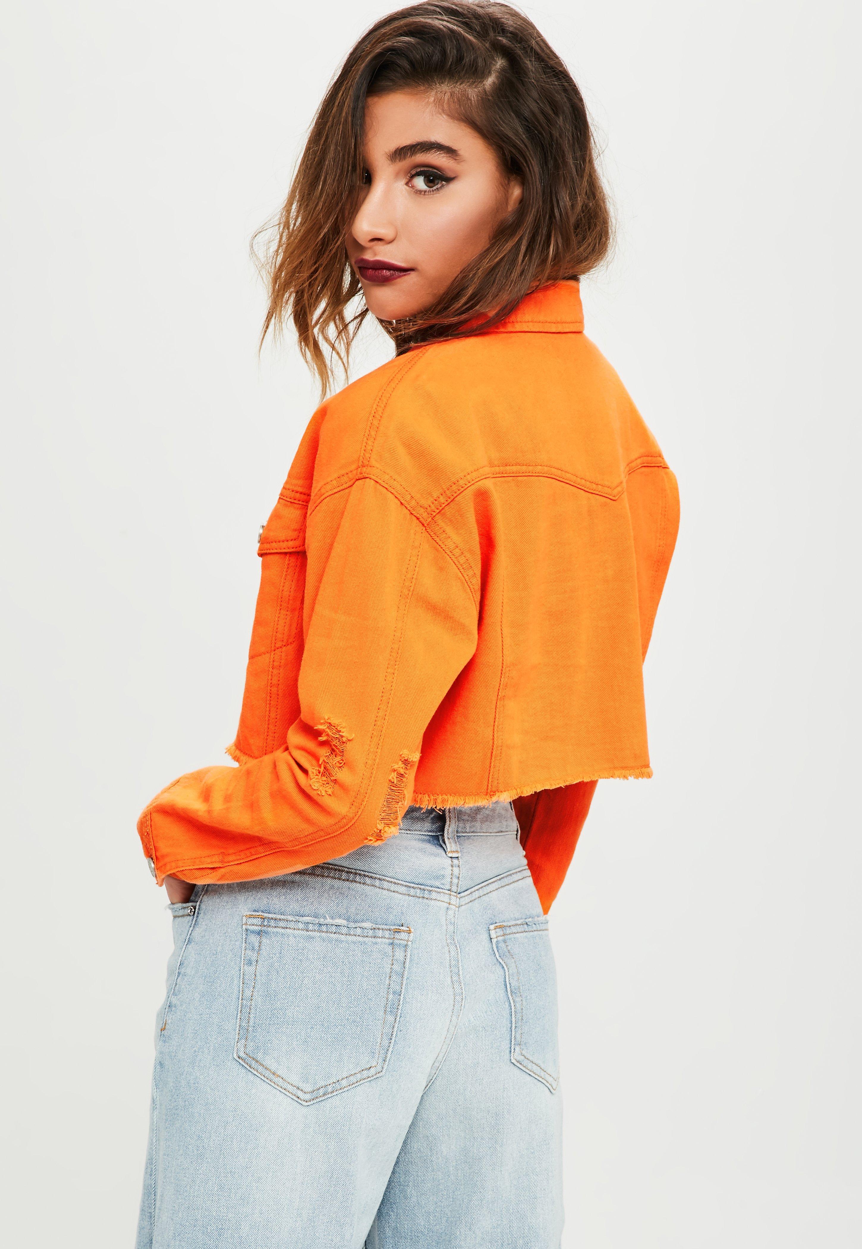 orange denim jacket outfit