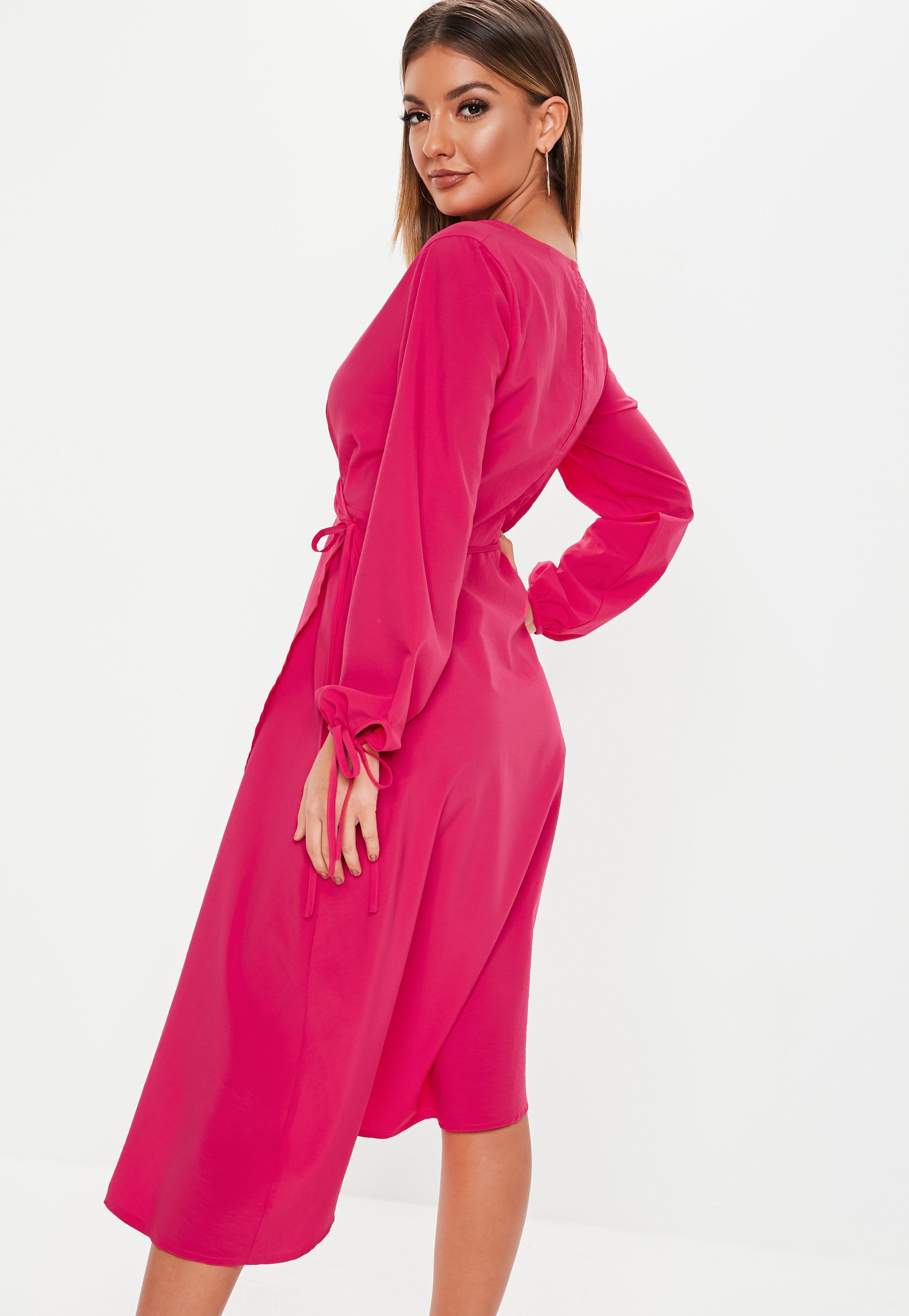 Missguided Synthetic Pink Wrap Front Balloon Sleeve Midi Dress - Lyst